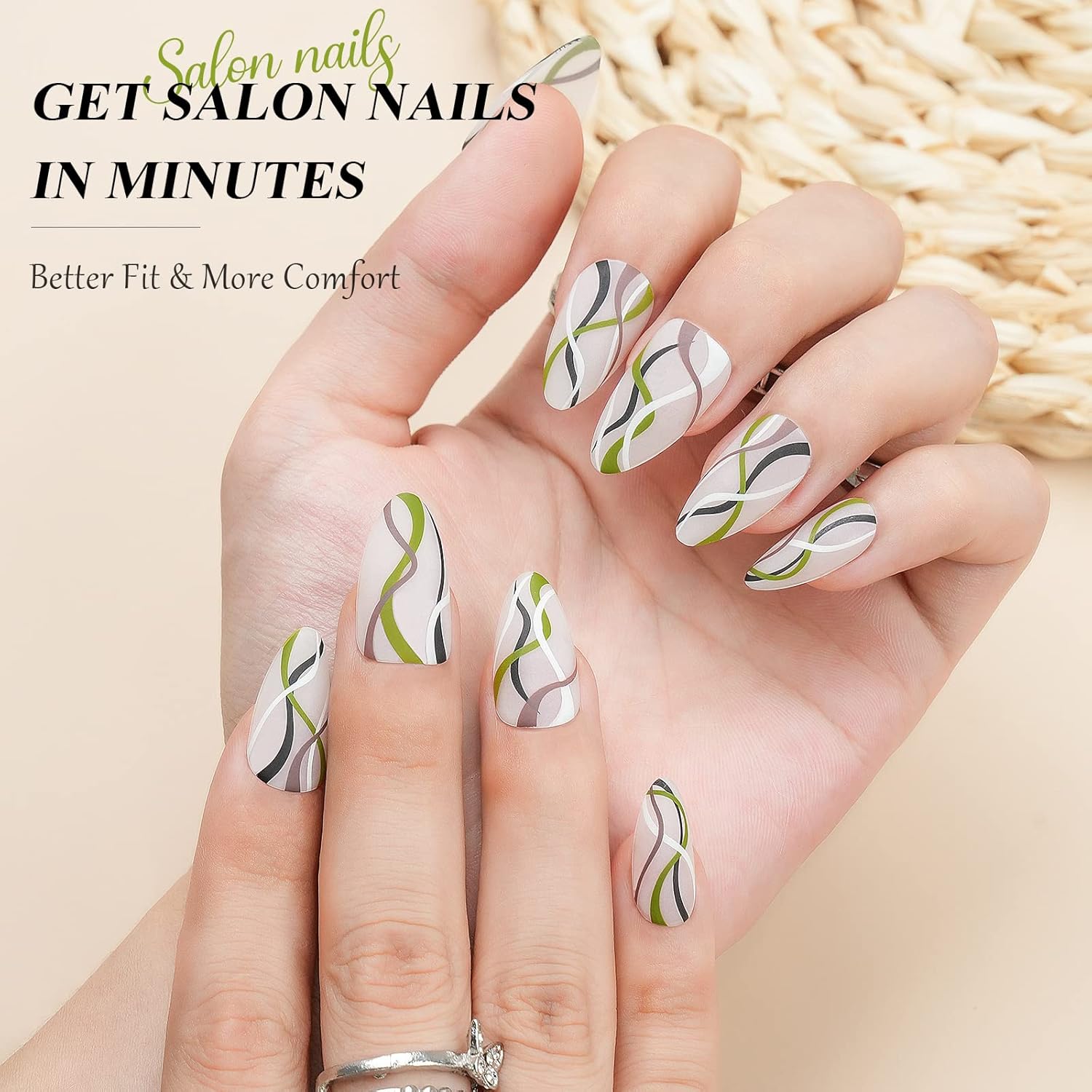 Uñas postizas a presión de almendra, medianas con diseños, uñas acrílicas, uñas postizas naturales y reutilizables con pegamento, uñas adhesivas