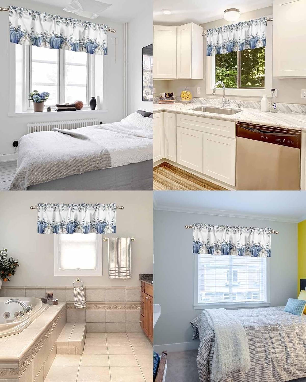 Cenefa de cortina de cocina con calabazas blancas y azules, cenefas cortas de otoño, para sala de estar, dormitorio, baño, cafetería, decoración de