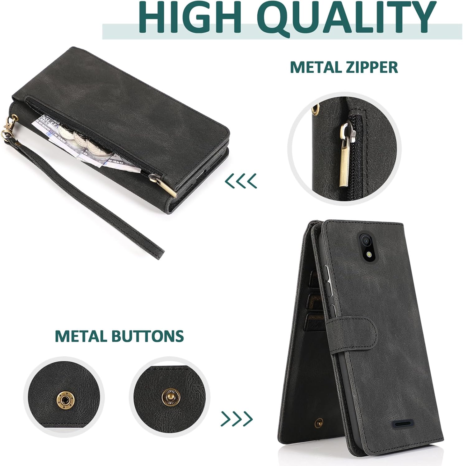 Asuwish Compatible con Nokia C100 4G LTE N152DL – Funda tipo cartera de vidrio templado con protector de pantalla y cremallera de cuero retro,