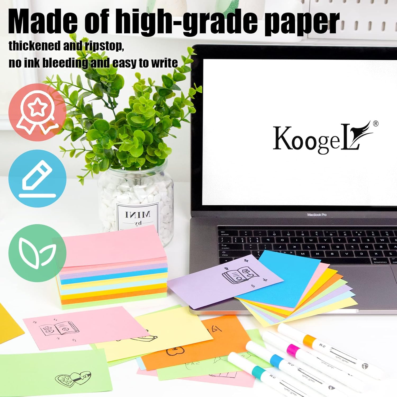 Koogel 300 tarjetas de índice en blanco, tarjetas de índice de 3 x 5 pulgadas, tarjetas de notas sin reglas, tarjetas de estudio, 8 colores neón