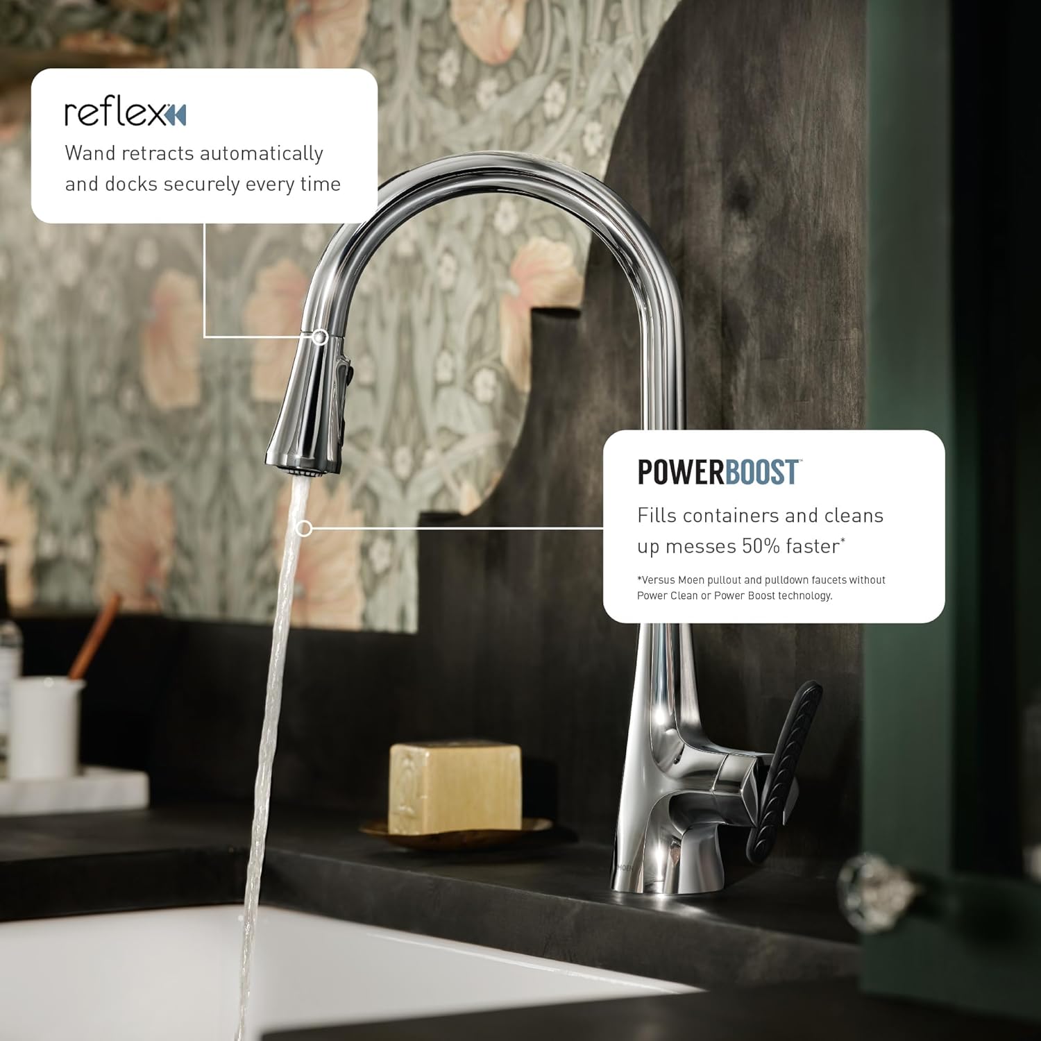 Moen S73004 Weymouth Shepherd’s Hook Grifo de cocina desplegable con varilla de metal con refuerzo de potencia, cromado