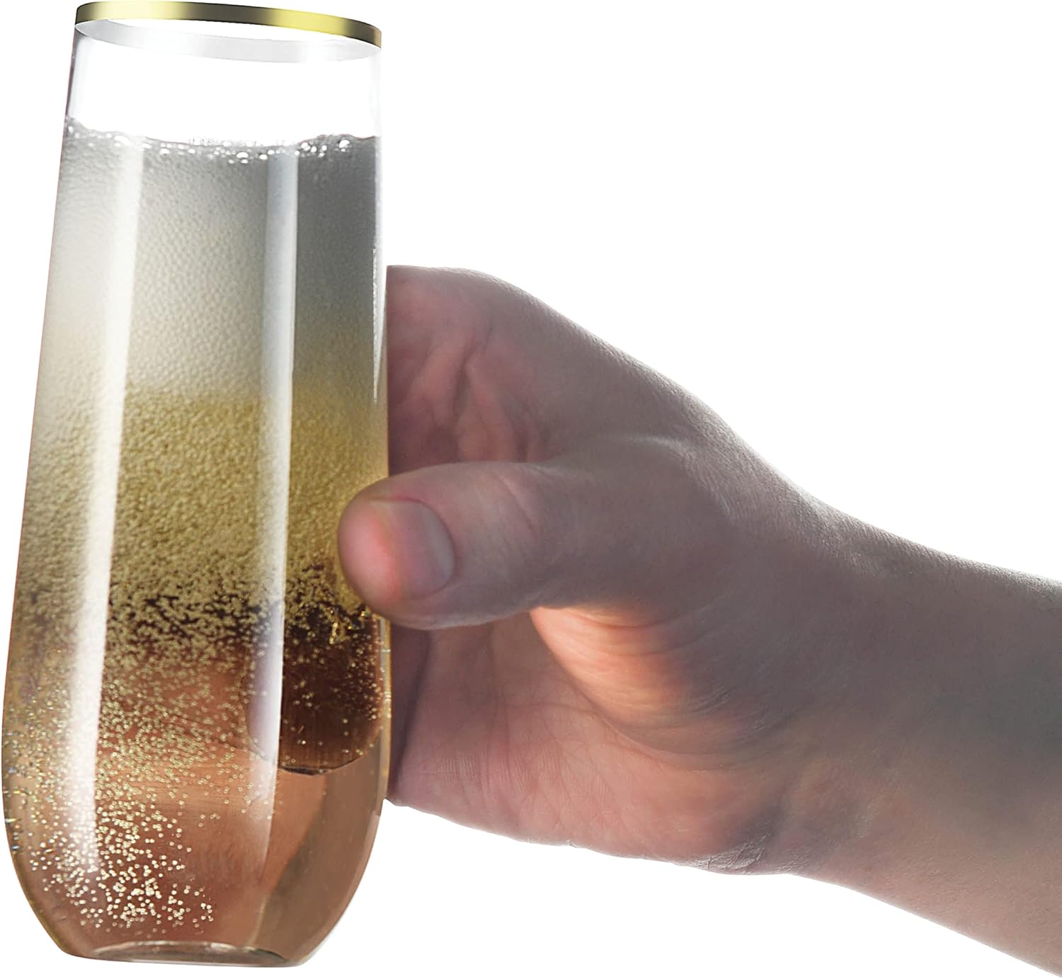 Paquete de 36 copas de champán de plástico sin tallo, vidrio transparente de 9 onzas con elegante borde dorado, vasos desechables para vino,