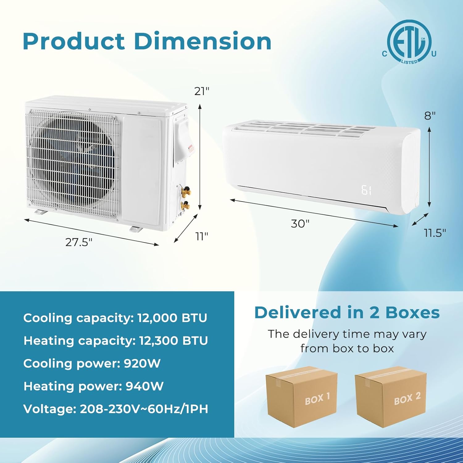 PETSITE Mini sistema de calefacciónaire acondicionado dividido de 12,000 BTU, inversor sin conductos SEER2 con bomba de calor precargada, mini split