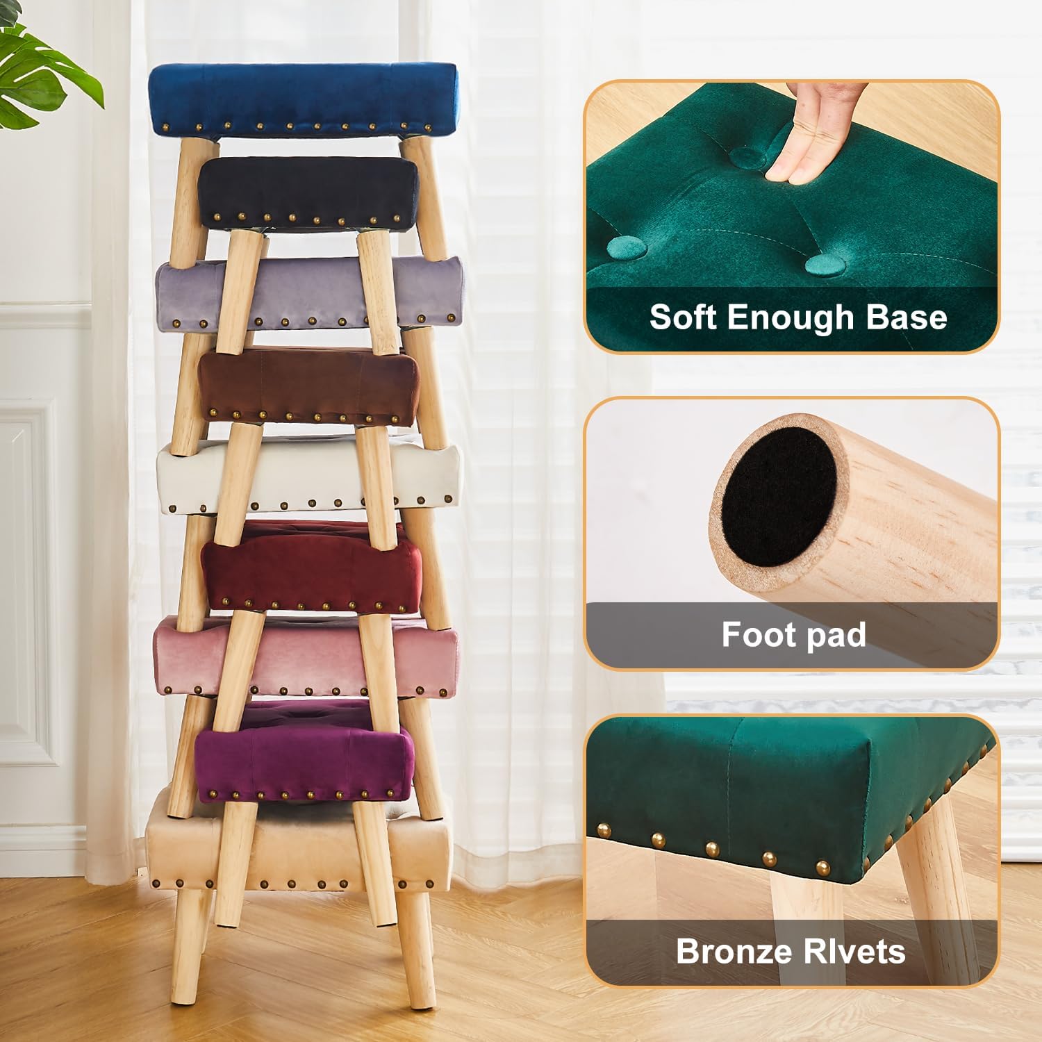 Cpintltr Reposapiés pequeño otomano, otomano suave remachado de terciopelo con patas de madera, sofá reposapiés adicional para sala de estar,