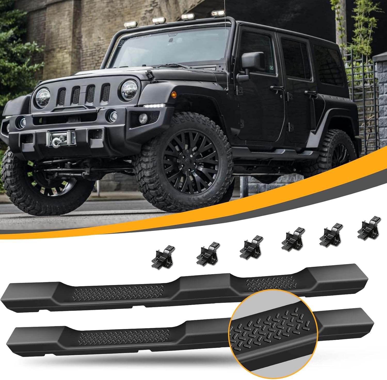 KKoneAuto Estribos compatibles con Wrangler JK Utility 2007-2018 de 4 puertas, 2 piezas deslizantes de roca, estilo OE, escalones laterales negros