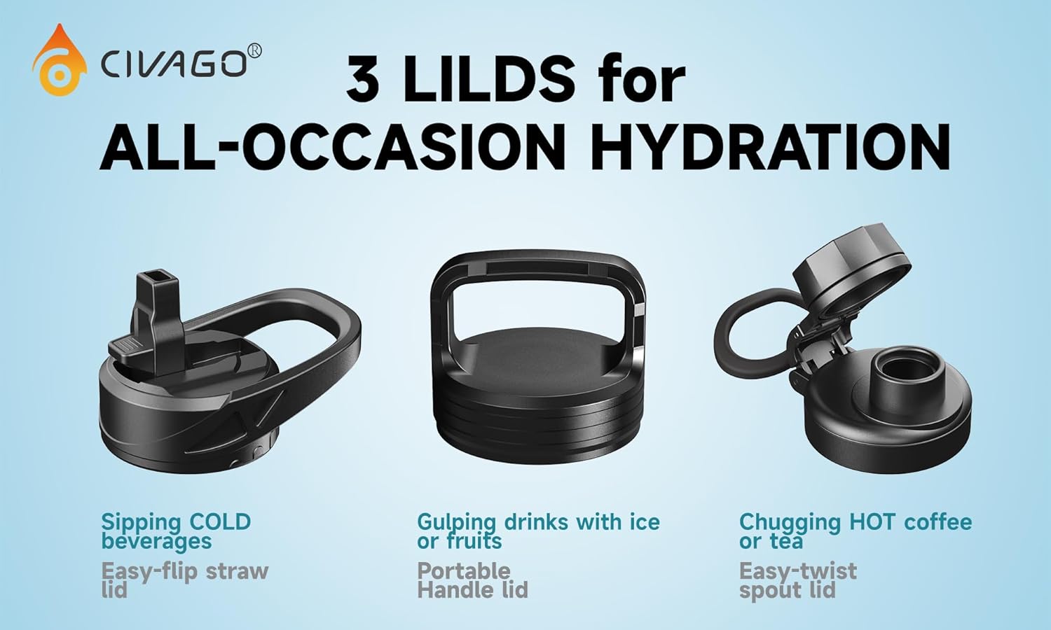 CIVAGO Botella de agua aislada de 40 onzas con pajilla, vaso de agua deportivo de acero inoxidable con 3 tapas (pajilla, boquilla y tapa de asa),