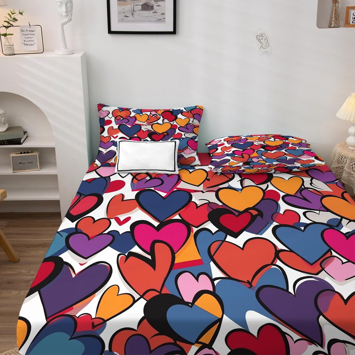 zcsm Sábanas de corazón tamaño Queen  Sábanas de microfibra suave con bolsillo profundo, sábanas y fundas de almohada estampadas sin arrugas, 4