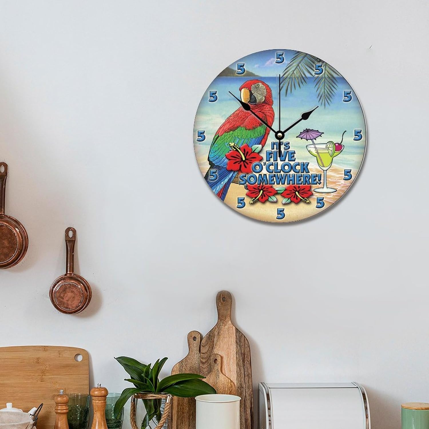ArogGeld Reloj de pared Parrot Beach de 5 en algún lugar, reloj de pared de madera grande que funciona con pilas, 12 pulgadas, silencioso, sin