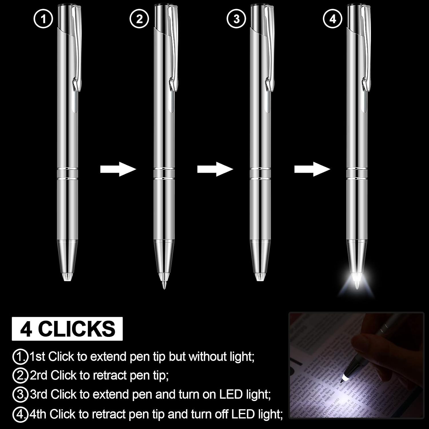 Zonon Bolígrafo de punta iluminada de 4 piezas con linterna de luz, bolígrafo de luz LED, bolígrafo con luz LED para escribir en la oscuridad