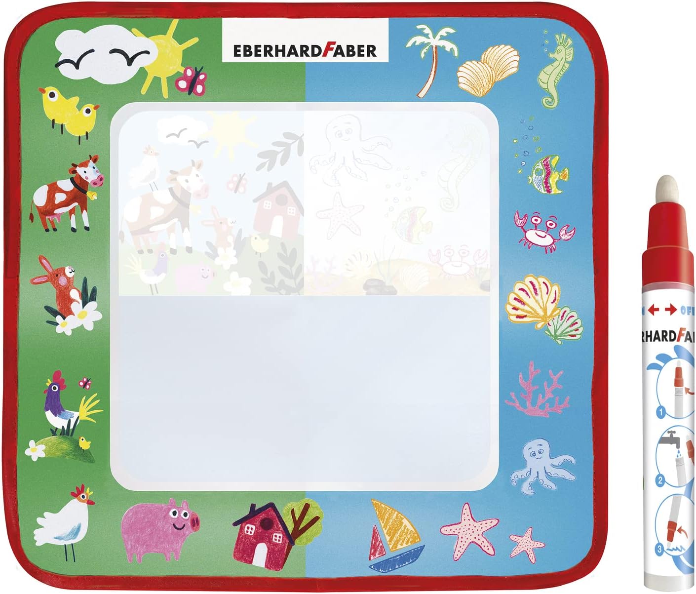 Eberhard Faber 524130 – Aqua Fun – Alfombrilla para jugar con agua, aprox. 12.6 x 12.6 in con 2 motivos para colorear y pintar superficie libre,