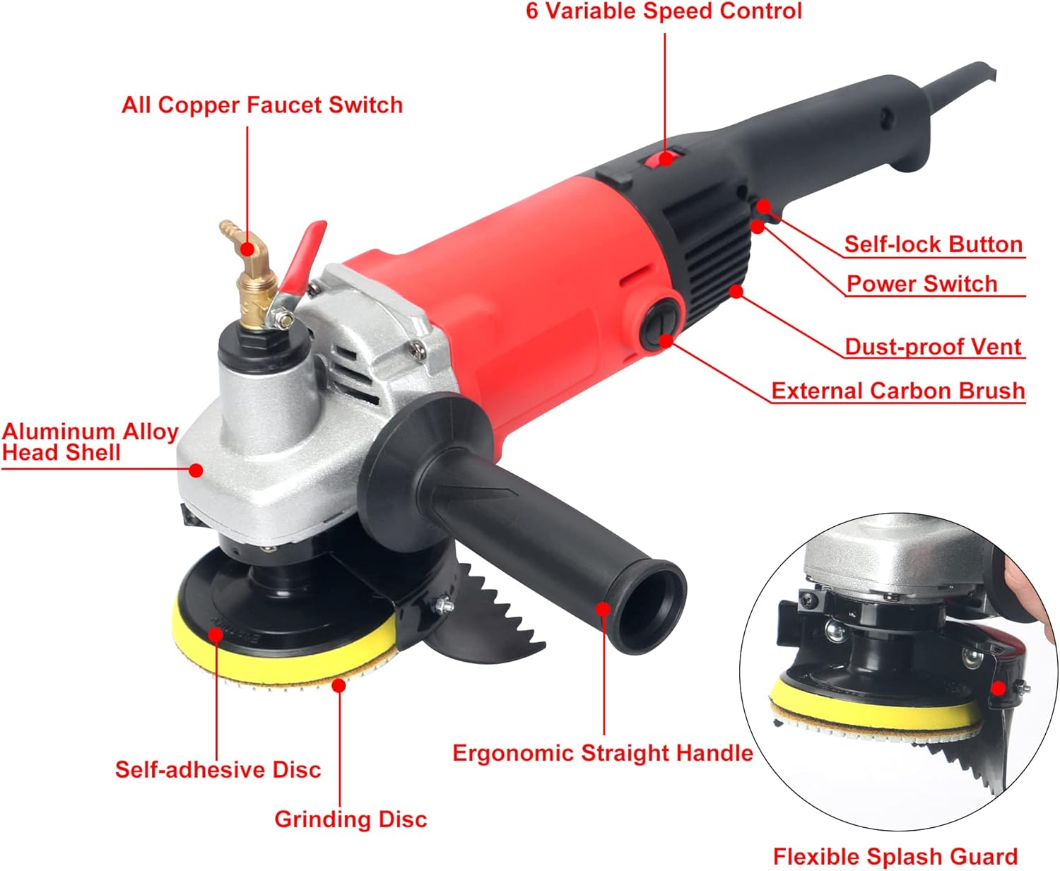 Pulidora húmeda de 1400 W con protección contra fugas, máquina amoladora de tampón húmedo de piedra de 4 pulgadas, velocidad variable para granito,