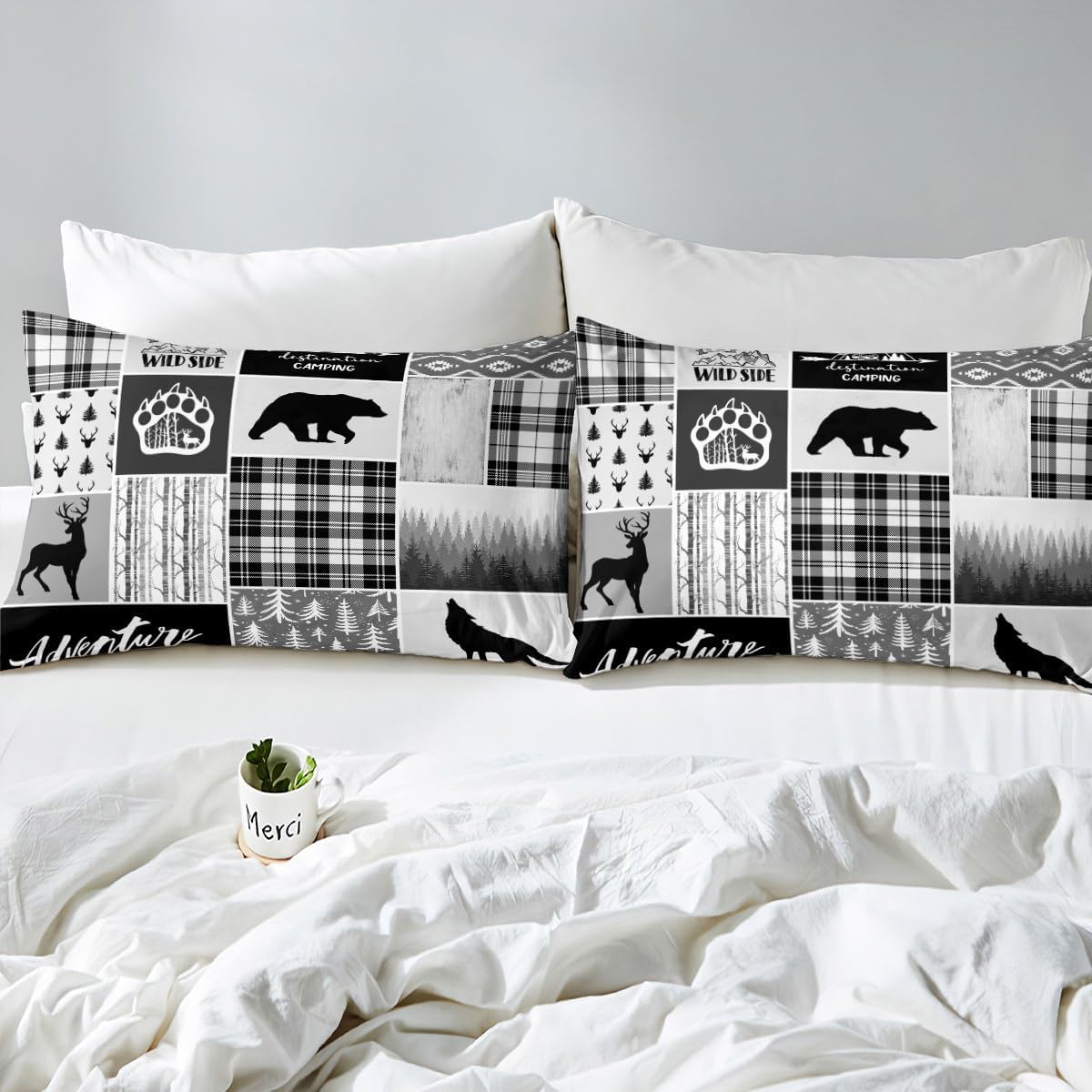 Juego de sábanas de oso de ciervo, pinos tamaño King, para decoración de habitación de niños, niñas y adultos, juego de sábanas de 4 piezas (sábana