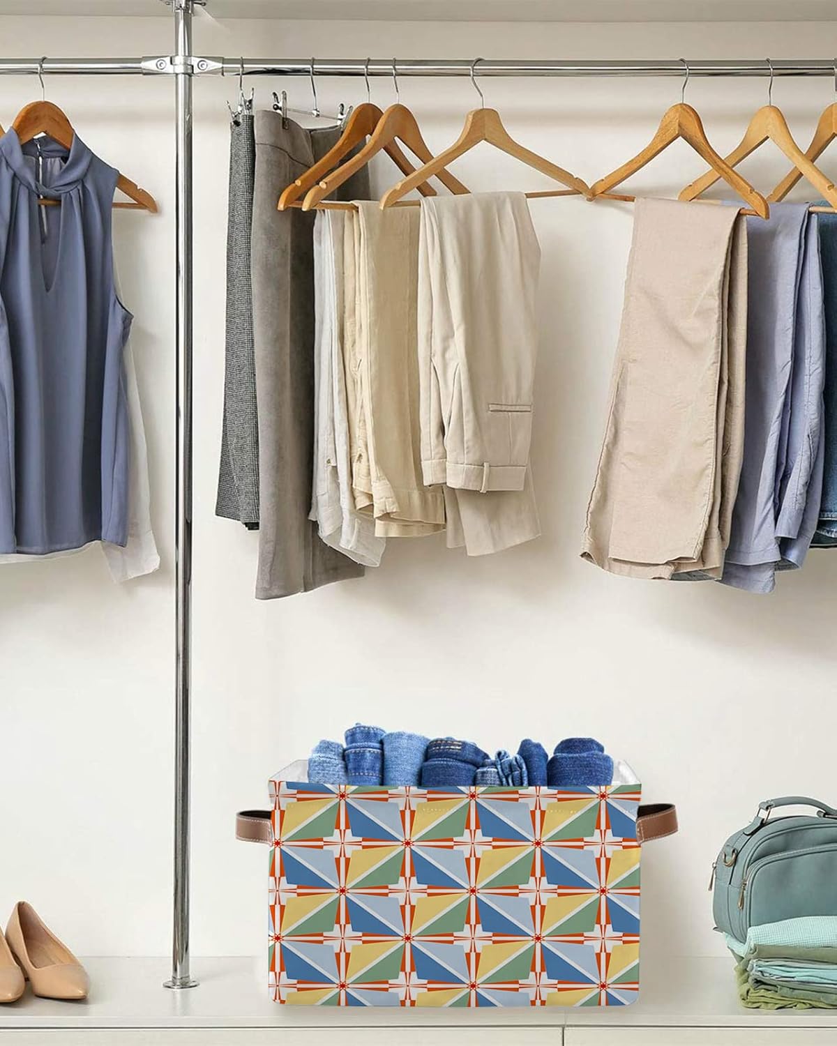 Blue Teal Yellow Plaid Storage Basket for Organizing Shelves, Collapsible Storage Bins Boxes with Handle, Modern Red Geometric Checkered Art Canvas