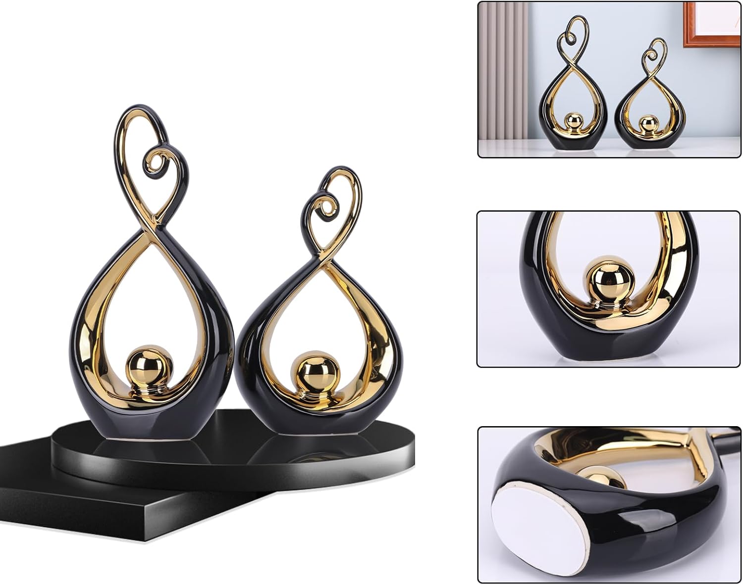 Acento decorativo negro, arte de porcelana de mediados de siglo, decoración moderna en negro y dorado y centros de mesa negros para mesas, escultura