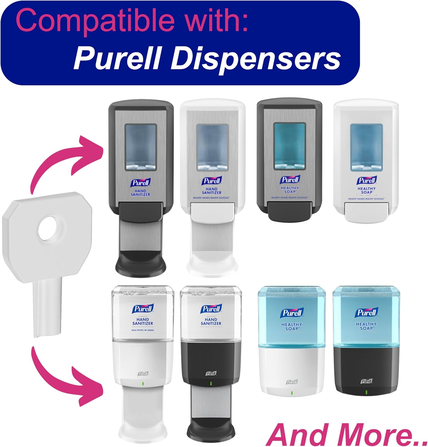 Llave para dispensadores Purell, incluyendo desinfectante y dispensadores de jabón de manos, compatible con Gojo Lock o no dispensadores – Ajuste