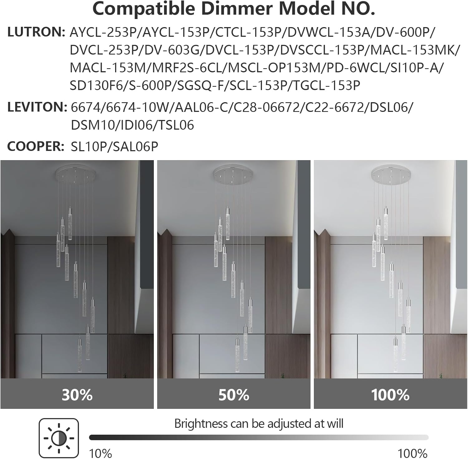 Lámpara colgante de cristal cromado, 9 luces, regulable, 54 W, 6000 K, escalera, grande, vestíbulo, sala de estar, vestíbulo, techo alto