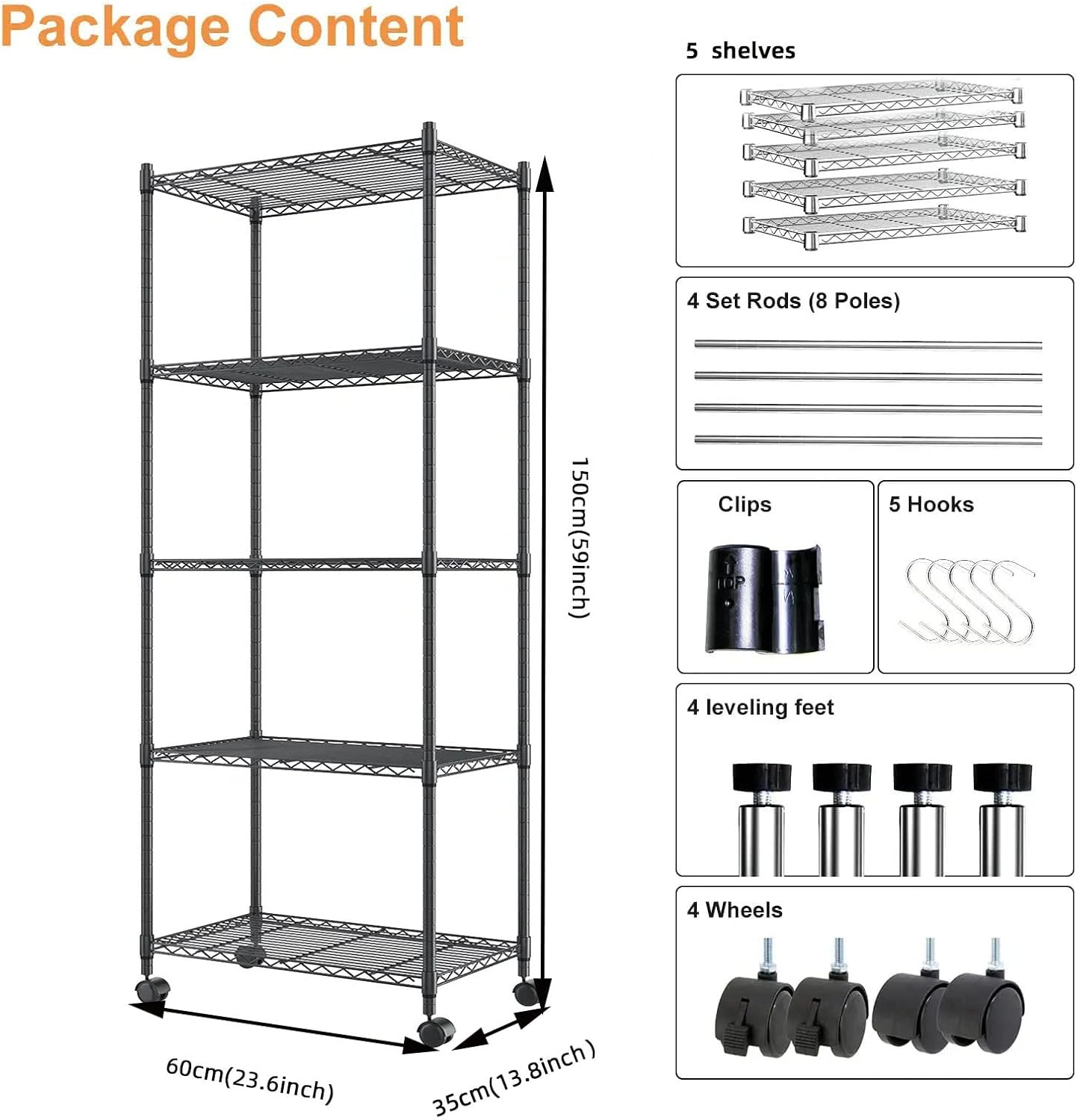 Estantes de almacenamiento (negro, 5 estantes) Estante familiar de 5 capas, estante vertical de combinación libre, cocina, dormitorio, garaje,