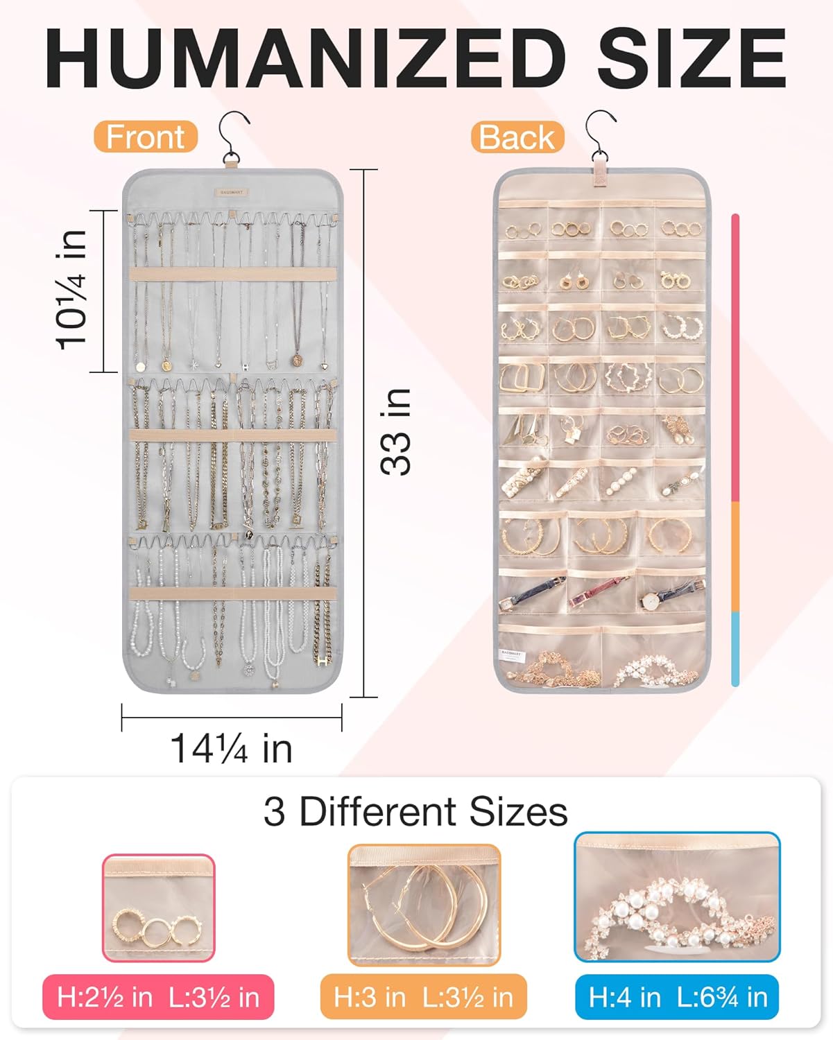 BAGSMART Organizador de joyas colgante rollo de almacenamiento con ganchos de metal de doble cara para aretes, collares, anillos en el armario,