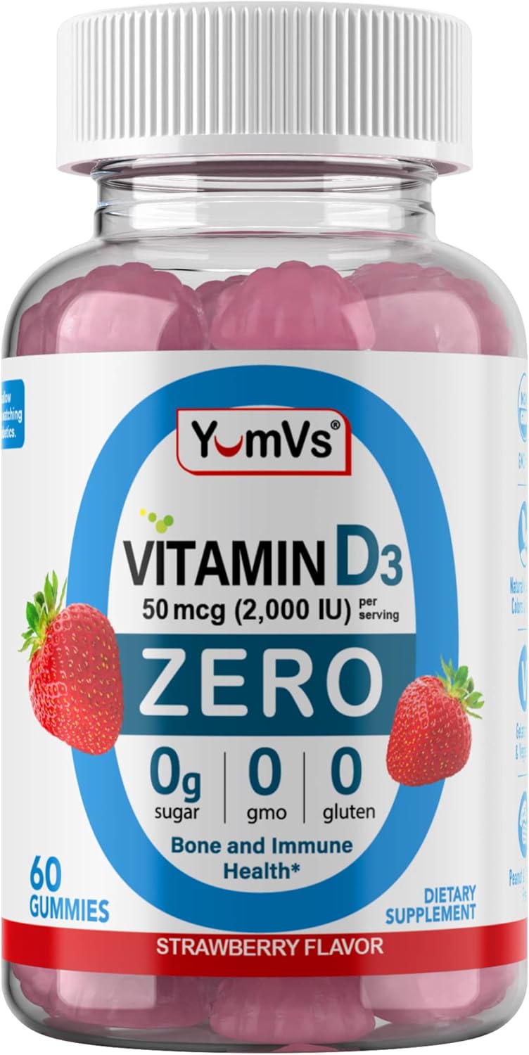 YUM-V’S YumVs – Gomitas de vitamina D Zero  Suplemento D3 apto para dieta cetogénica, sin azúcar, para niños y adultos, 50 mcg  2000 UI de vitamina