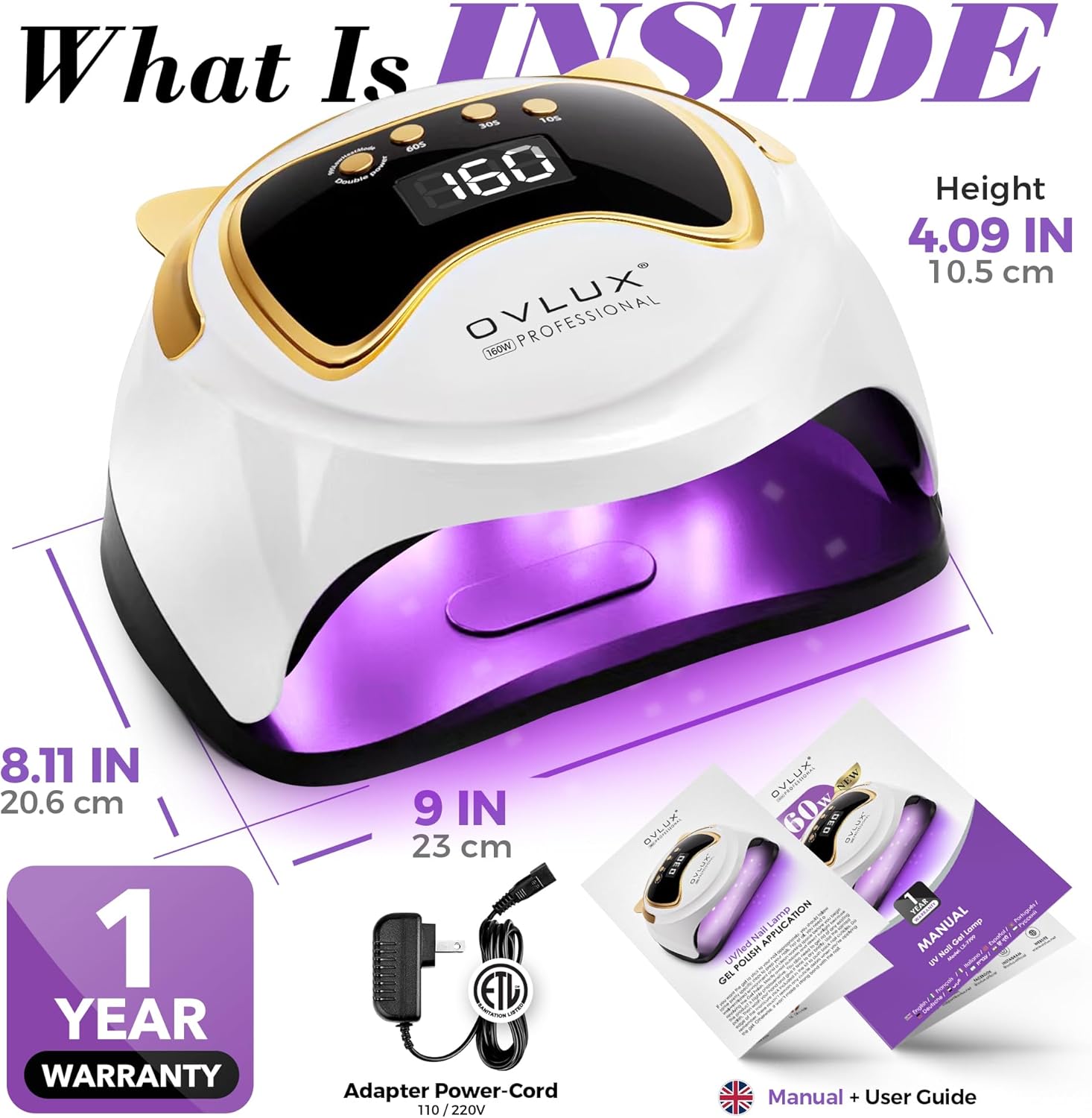 OVLUX Lámpara de uñas LED UV de 160 W, lámpara profesional de secado de uñas con 3 temporizadores y pantalla LCD, curado de gel UV y luz de esmalte