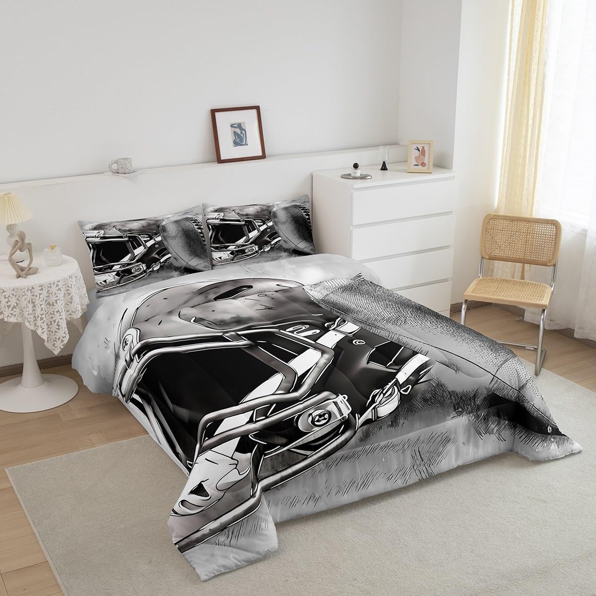 Erosebridal Juego de edredón gris para niños y adolescentes, juego de ropa de cama con temática deportiva, edredón acolchado con pintura de bocetos,