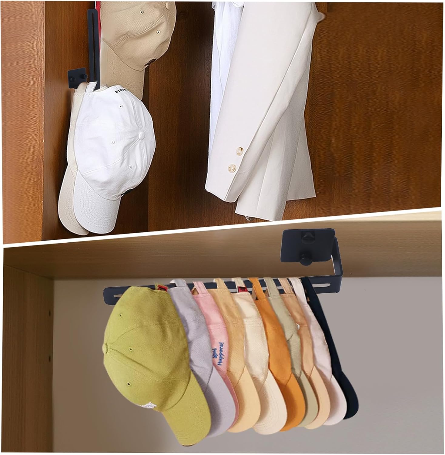 SYXUPUMI Paquete de 2 estantes para sombreros para pared de gorras de béisbol, organizador adhesivo para gorras de béisbol, soporte para sombreros