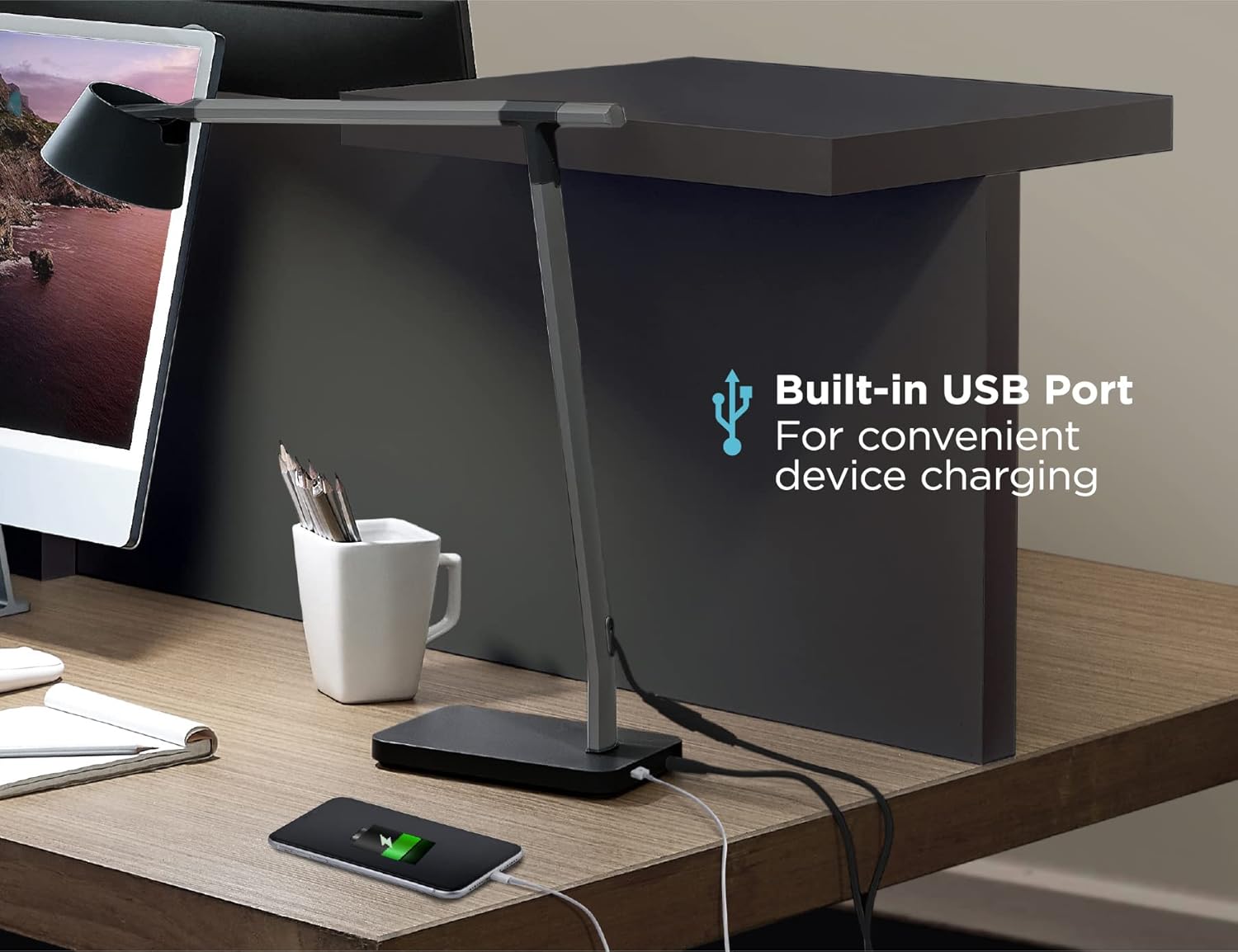BLACK+DECKER Verve Designer – Lámpara de escritorio con puerto de carga USB, LED blanco verdadero + 16M colores RGB