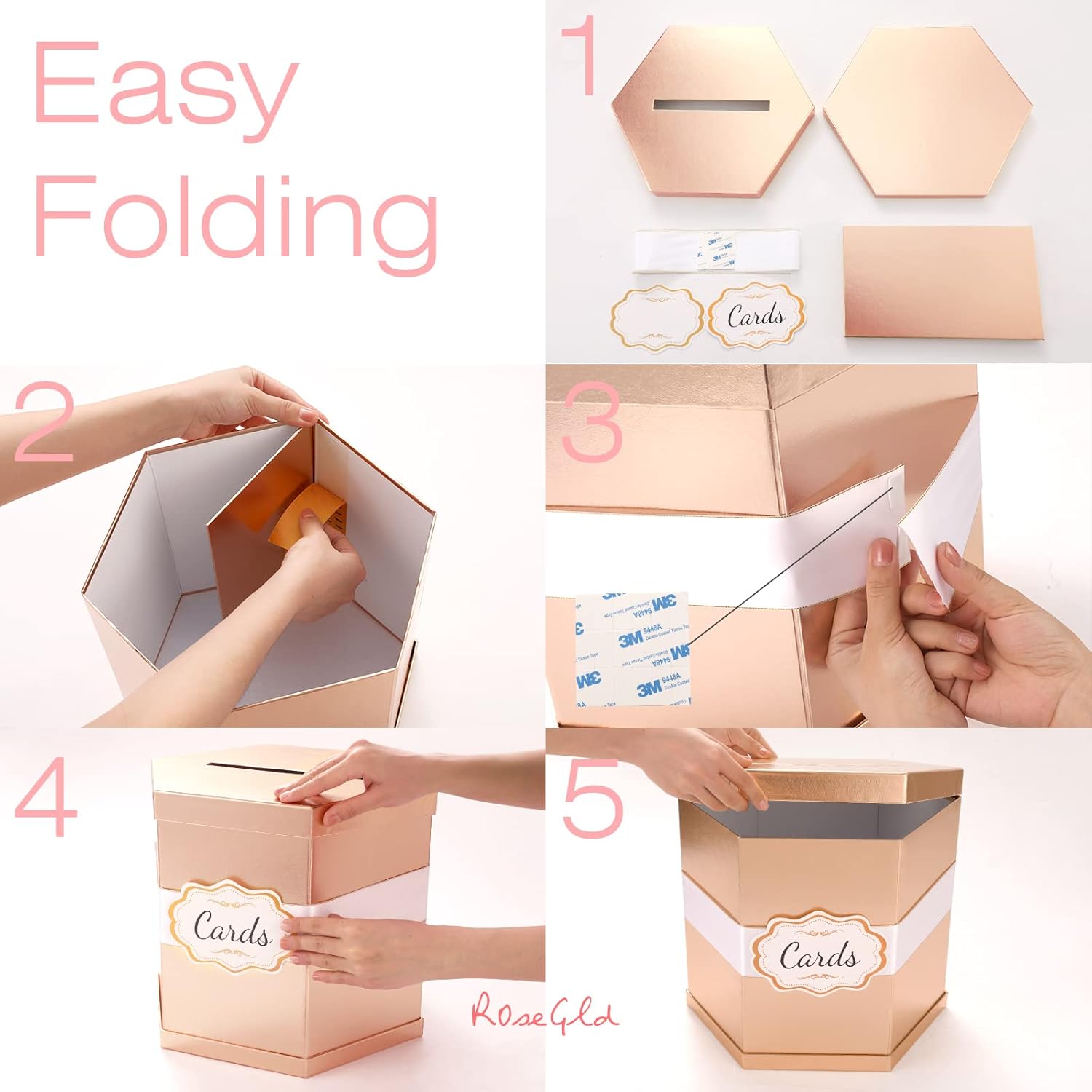 ROSEGLD Caja de tarjetas, caja de recepción de tarjetas con cinta de 14 x 12 x 12 pulgadas, elegante soporte para tarjetas para bodas, graduaciones,