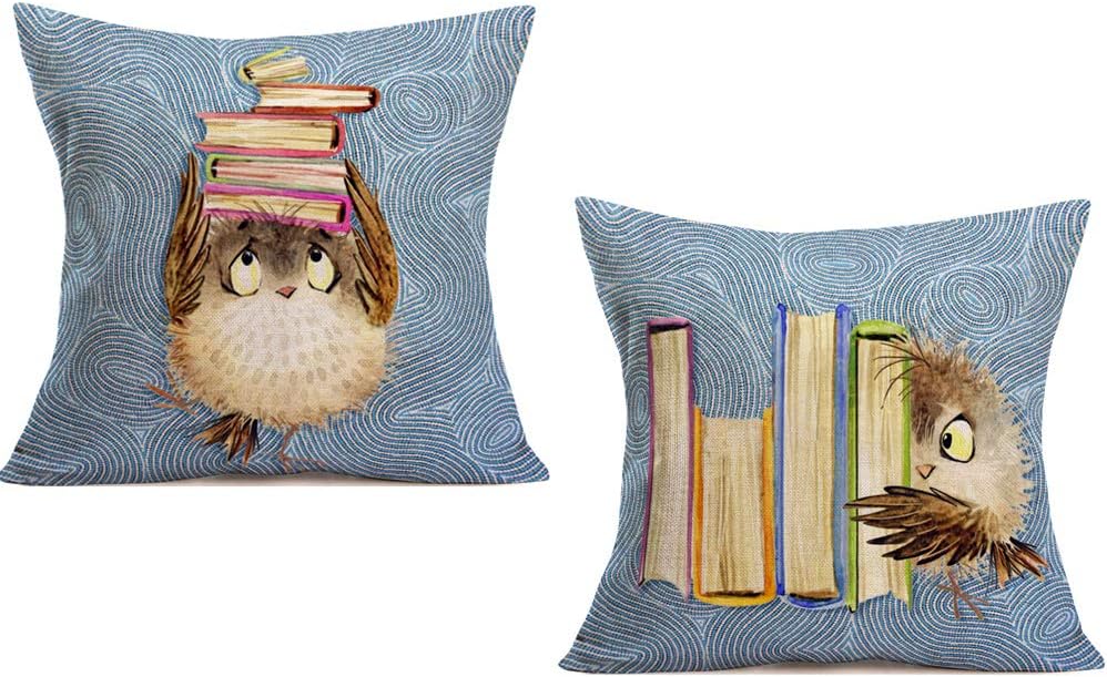 Fundas de almohada de animales adorables, diseño de búhos y libros de dibujos animados, funda de almohada de lino y algodón, funda de cojín cuadrada