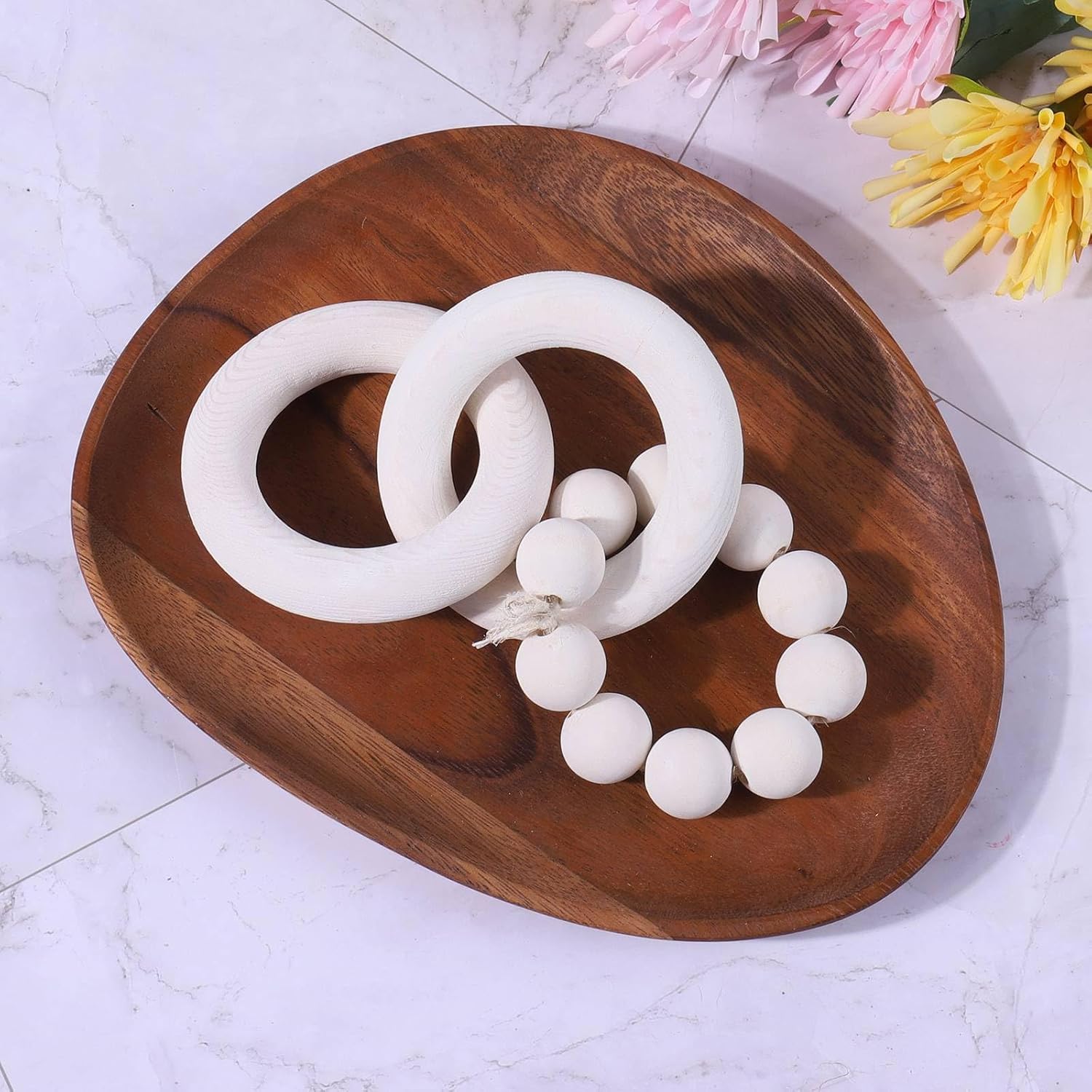 Decoración de eslabones de madera (nudo de madera de 2 eslabones y cuentas de madera de granja), decoración de nudo de madera de 9 pulgadas,