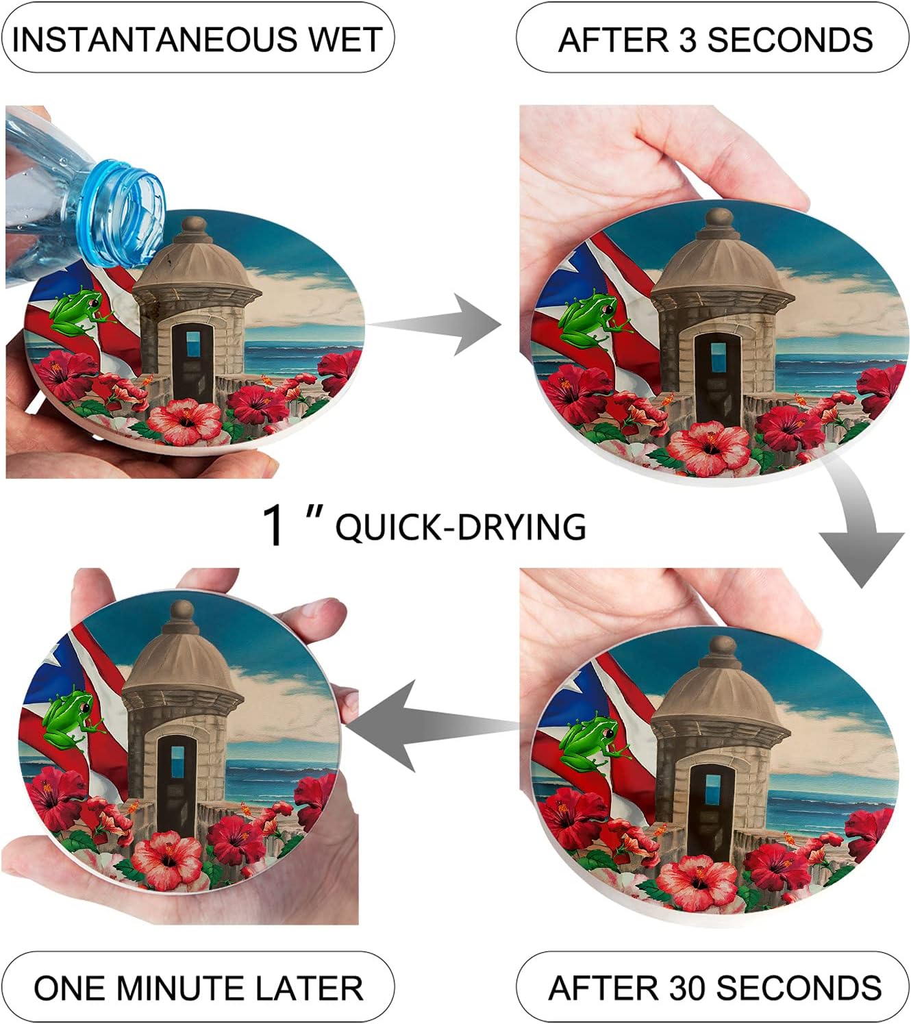Juego de 4 posavasos para bebidas de Puerto Rico con soporte para tazas, posavasos de cerámica absorbente con parte trasera de corcho, uso como