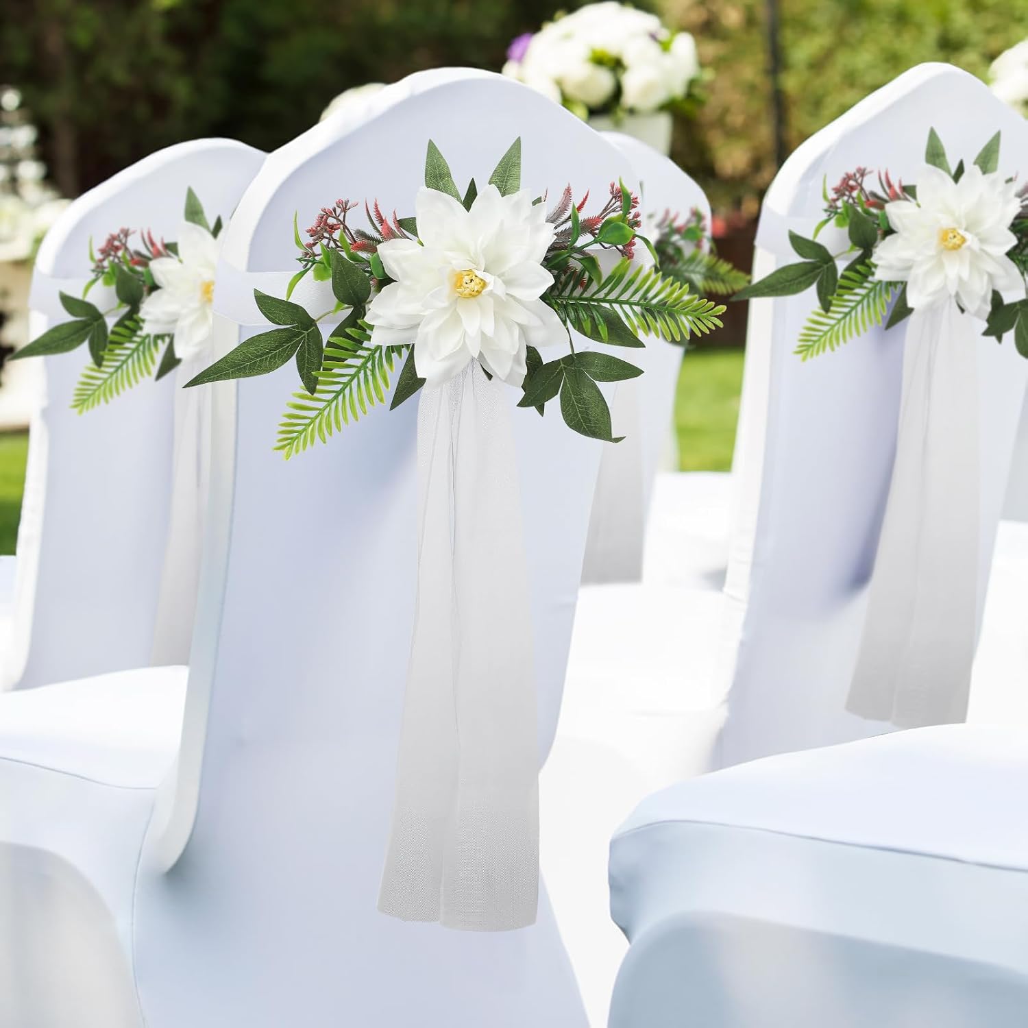 Fofetbfo Juego de 6 decoraciones para sillas de pasillo de boda, flores artificiales con cintas, sillas, respaldo de banco, arreglo de flores para