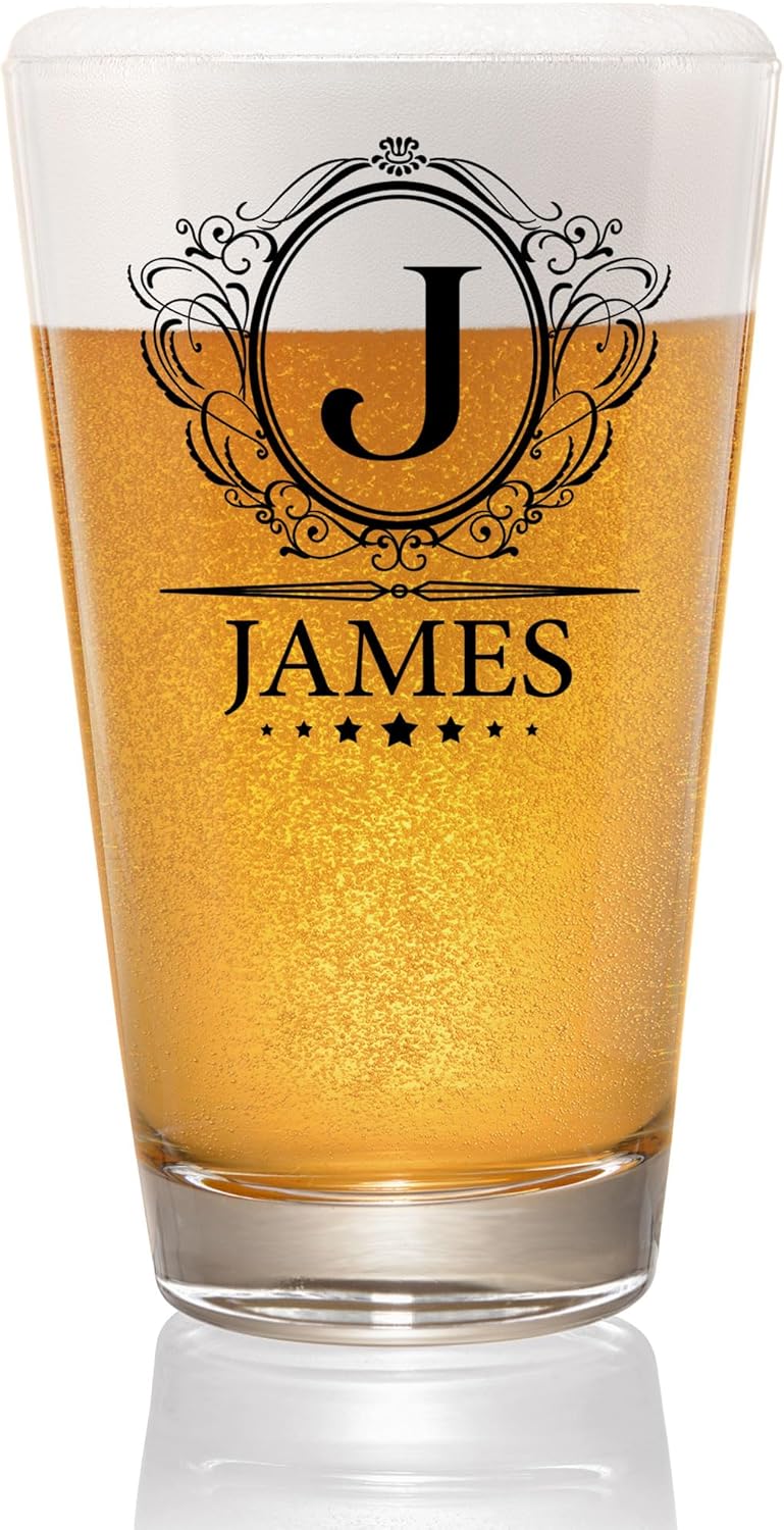 PREZZY Vaso de cerveza personalizado con letra J inicial, divertido monograma, regalos para hombres, vaso de cerveza con nombre personalizado, 16