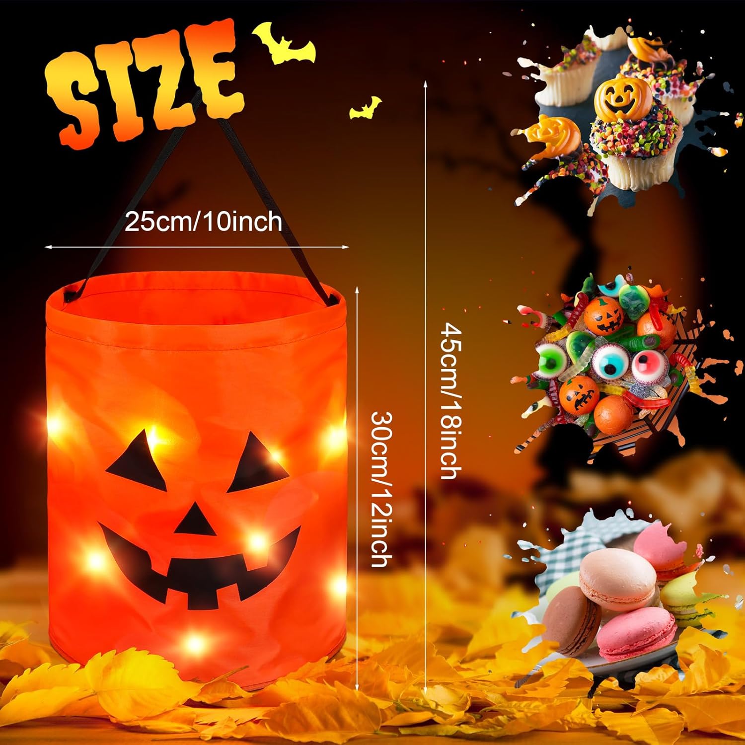 Bolsas de Halloween con luz LED para trucos o tratos, cubo de calabaza iluminada, bolsa de dulces de Halloween con cara de calabaza sonrisa, cubo de
