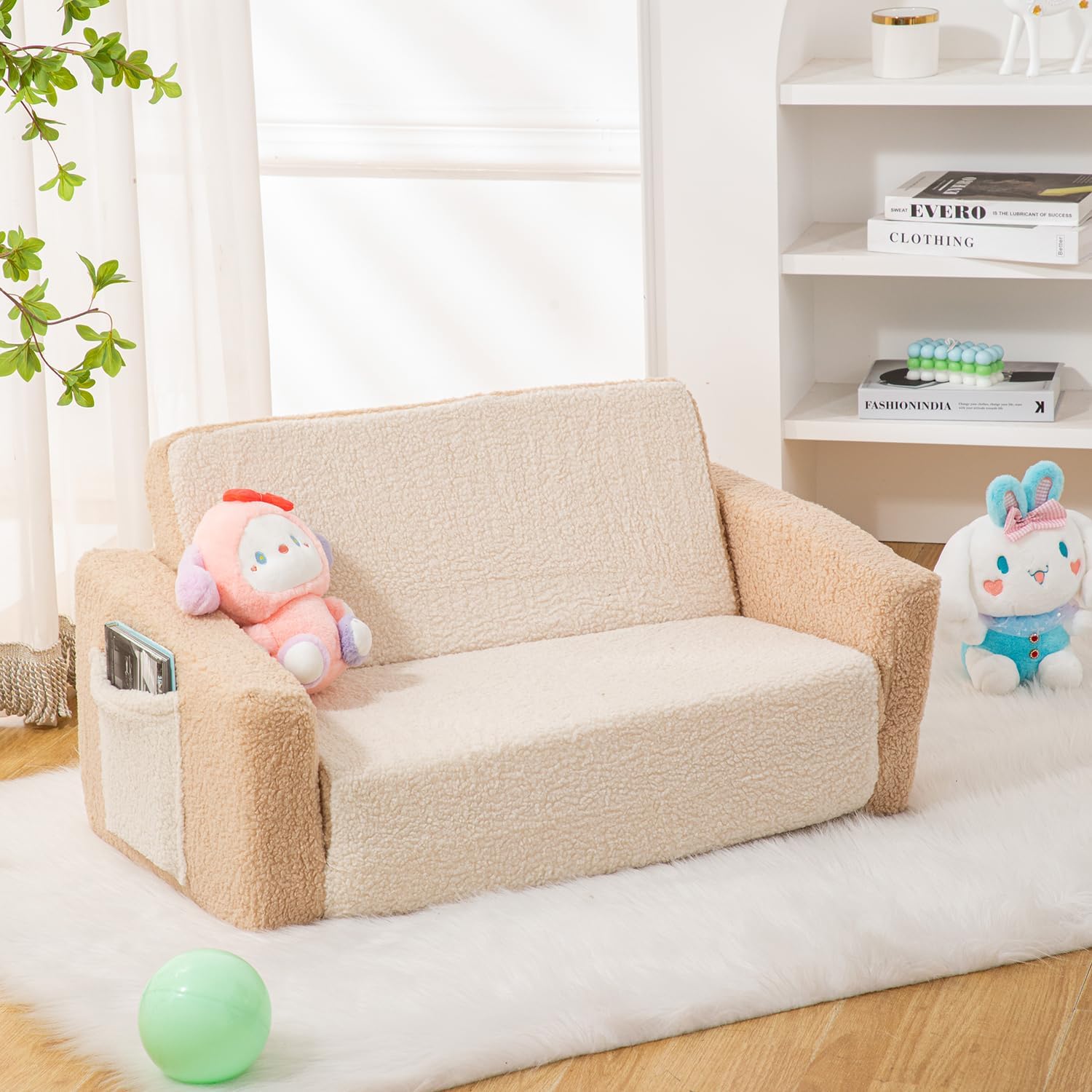 SUFUS Sofá para bebés y niños pequeños, extra ancho 2 en 1, sofá plegable de sherpa para sala de juegos, sofá convertible para niños y niñas con