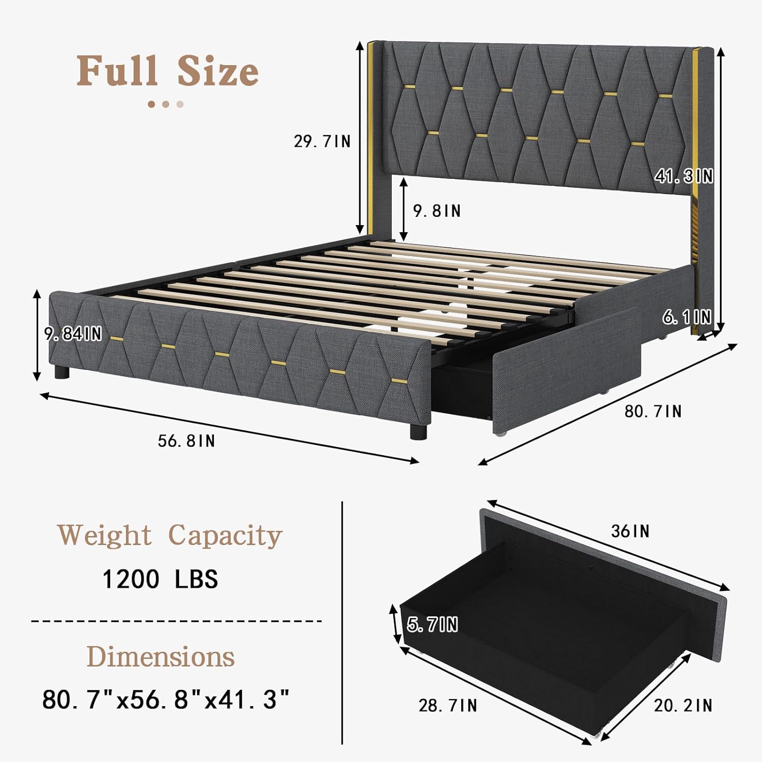 Base de cama de tamaño matrimonial con 4 cajones de almacenamiento y cabecera con respaldo de ala, marco de cama tapizado con luces LED, no necesita