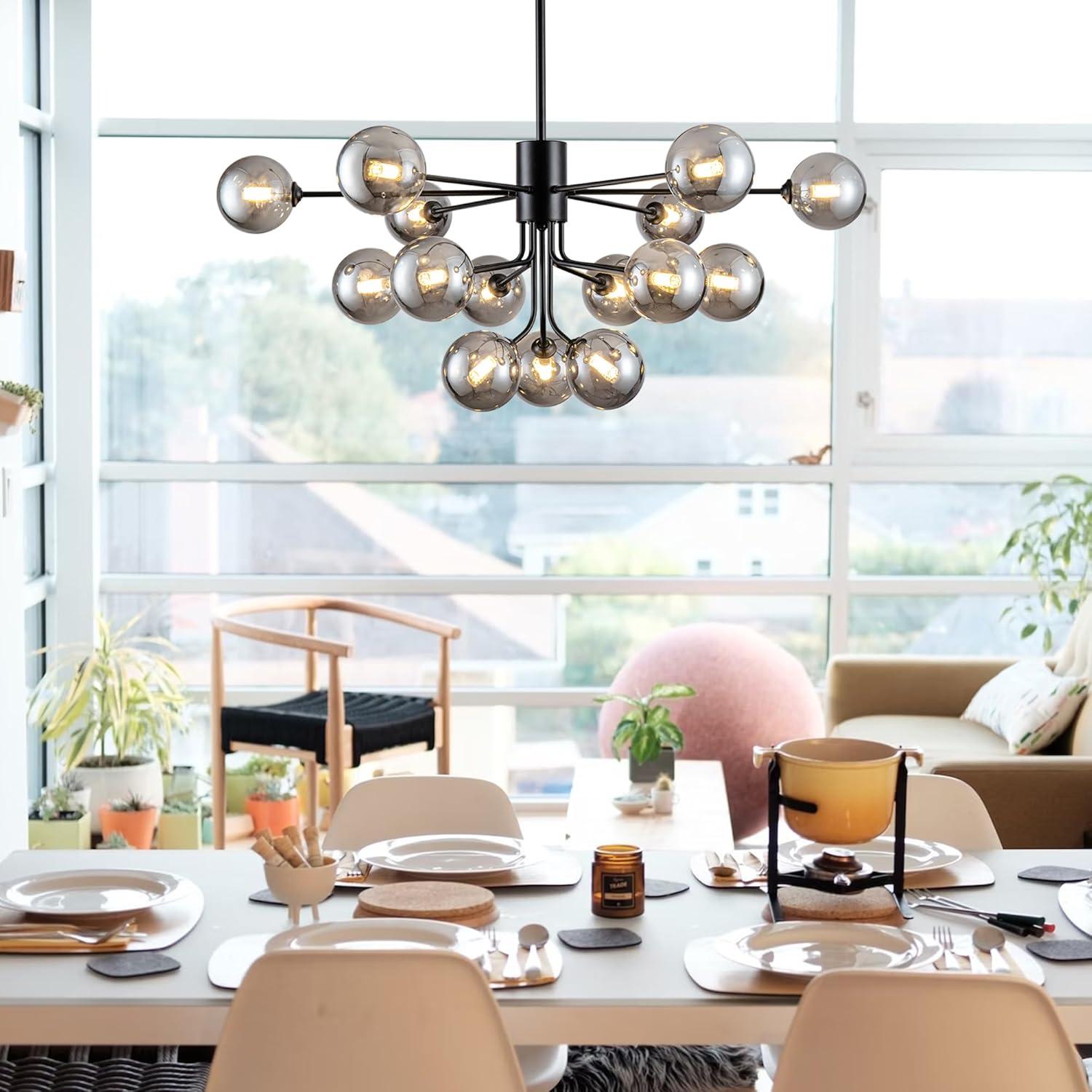 Candelabros para comedor 15 luces Sputnik Candelabros modernos de mediados de siglo, lámpara de techo semiempotrada con globo ahumado, lámpara