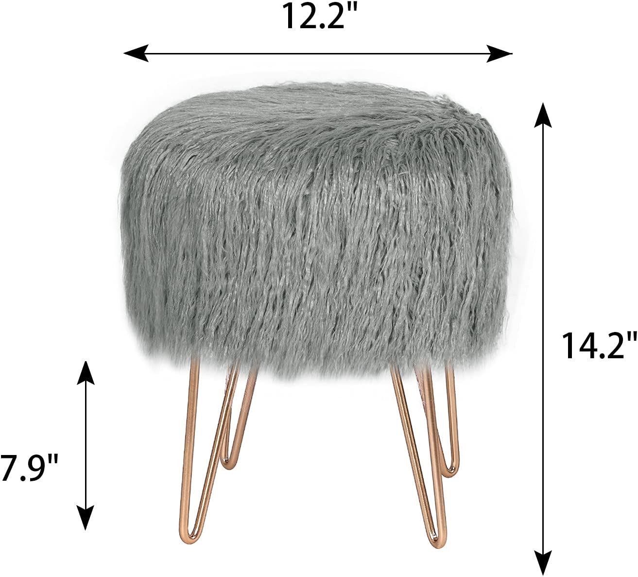 Asense Reposapiés de piel sintética, reposapiés tapizados suaves y peludos, otomana con patas de metal dorado, muebles decorativos, gris