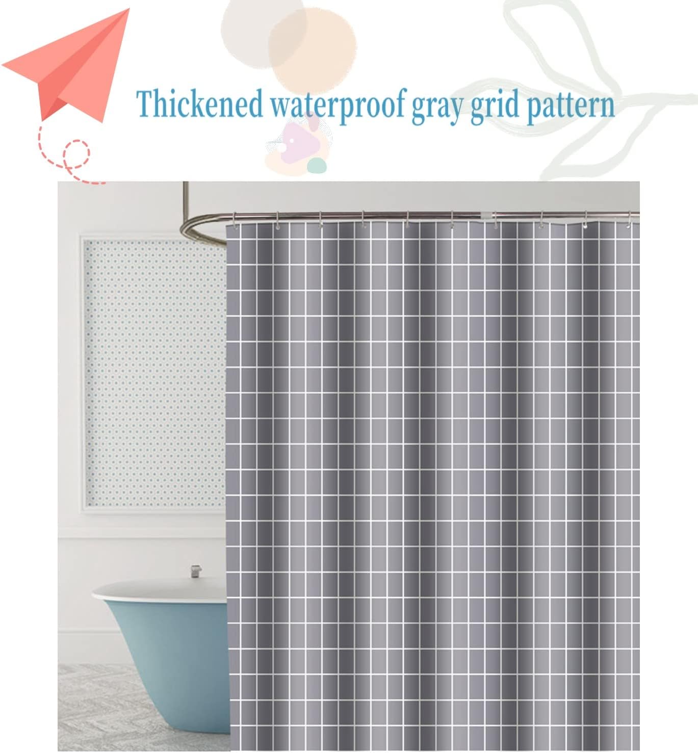 Cortinas de ducha para baño, de tela de poliéster, con peso, impermeable, lavable, color gris, juego de cortinas de ducha con ojales y 12 ganchos,