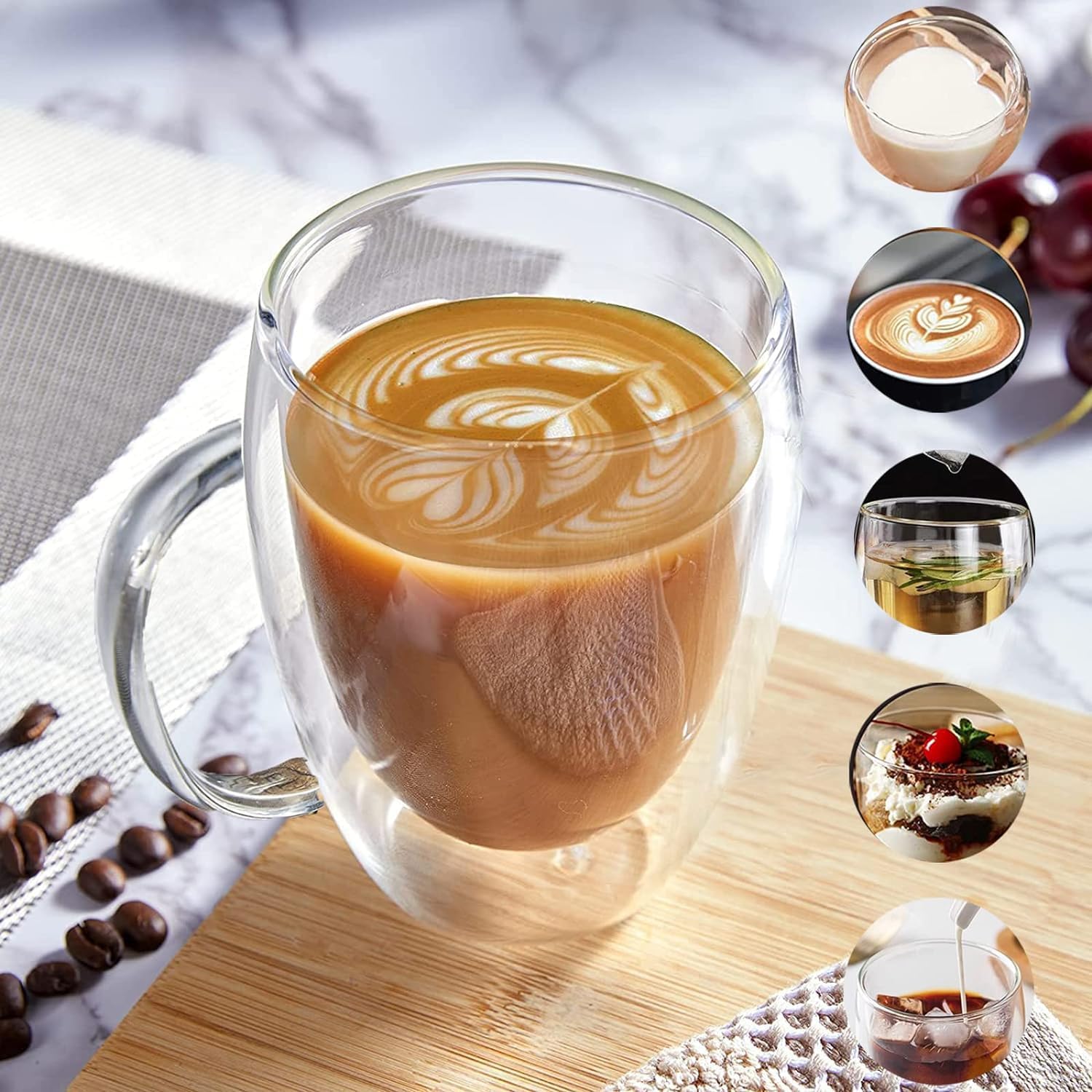 8 tazas lnsuladas de doble pared de vidrio con leche, vasos de café apilables de vidrio (12 oz3 onzas), taza con aislamiento térmico transparente