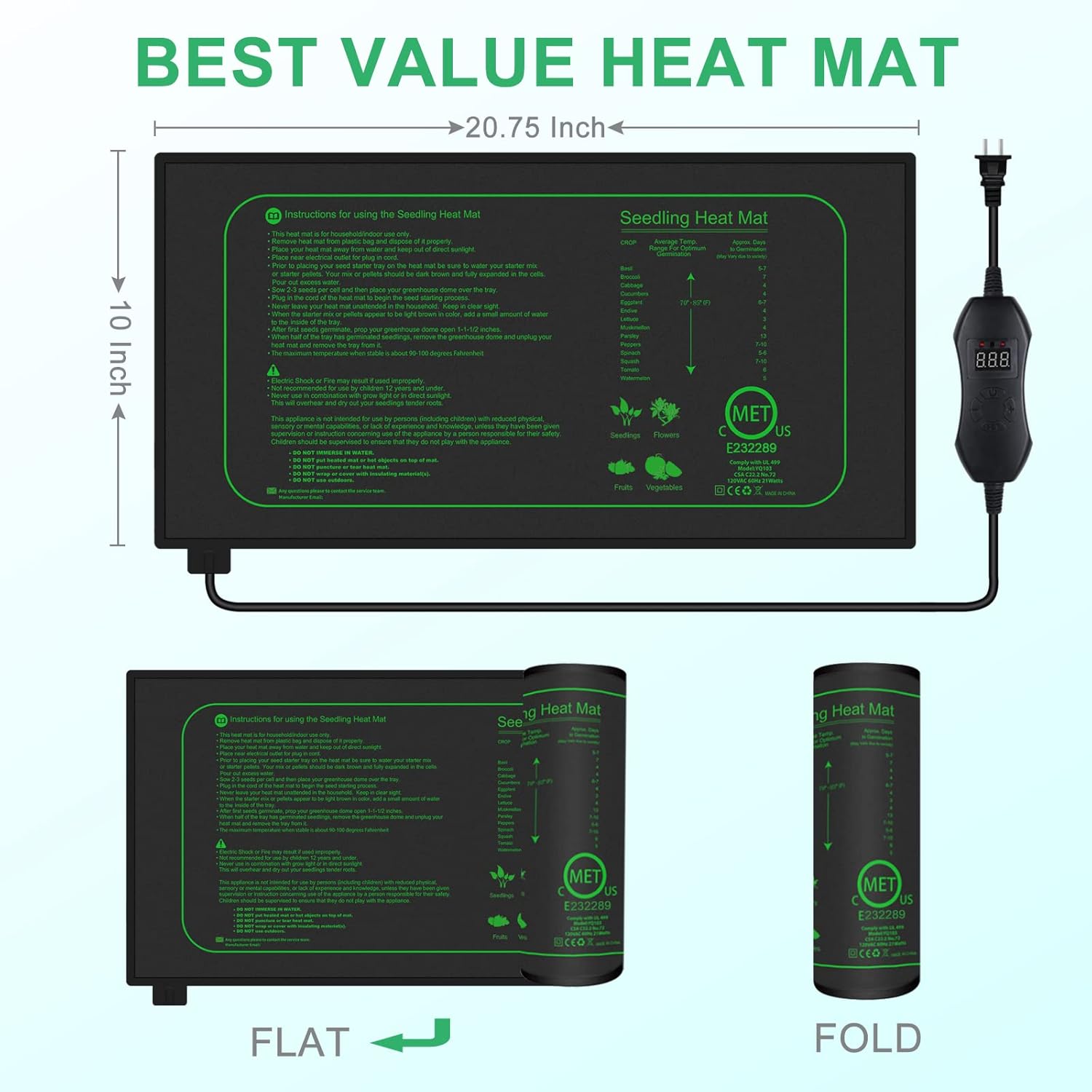 Alfombrilla térmica de plántulas con termostato digital, almohadilla térmica impermeable de 10 x 20.75 pulgadas para germinación hidropónica de