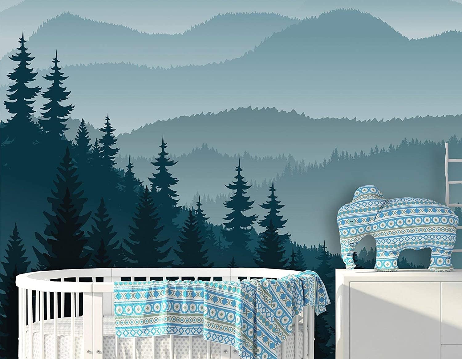 Papel tapiz removible para despegar y pegar, mural de pared autoadhesivo, mural de montaña 3D, papel tapiz para guardería, pinos de montaña azul