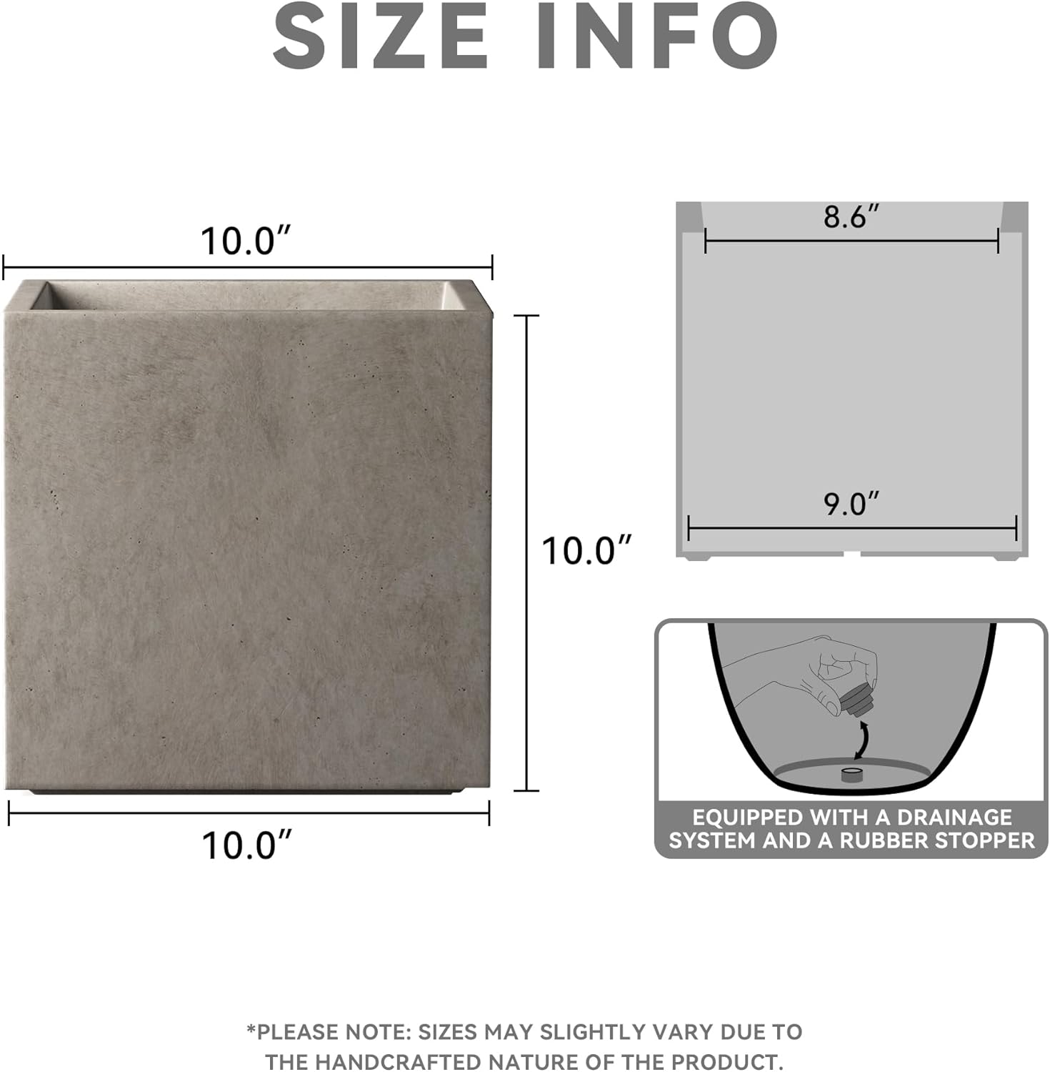 Kante Maceta cuadrada de hormigón de 10 pulgadas para exteriores, interiores, patio, jardín, maceta grande con orificio de drenaje y tapón de goma,