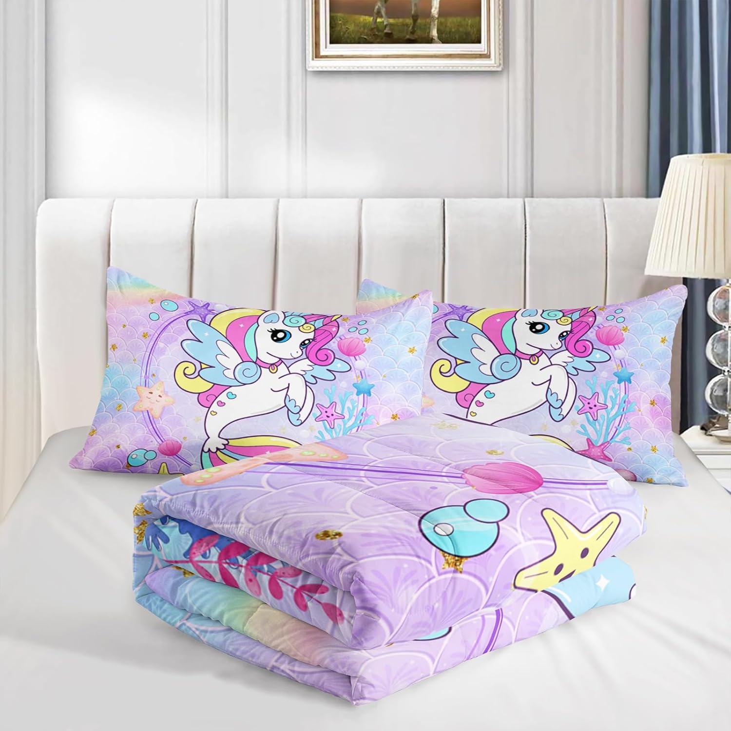 Edredón de unicornio de sirena, tamaño individual, juego de edredón de unicornio para niños, juego de ropa de cama de 3 piezas, edredón impreso con