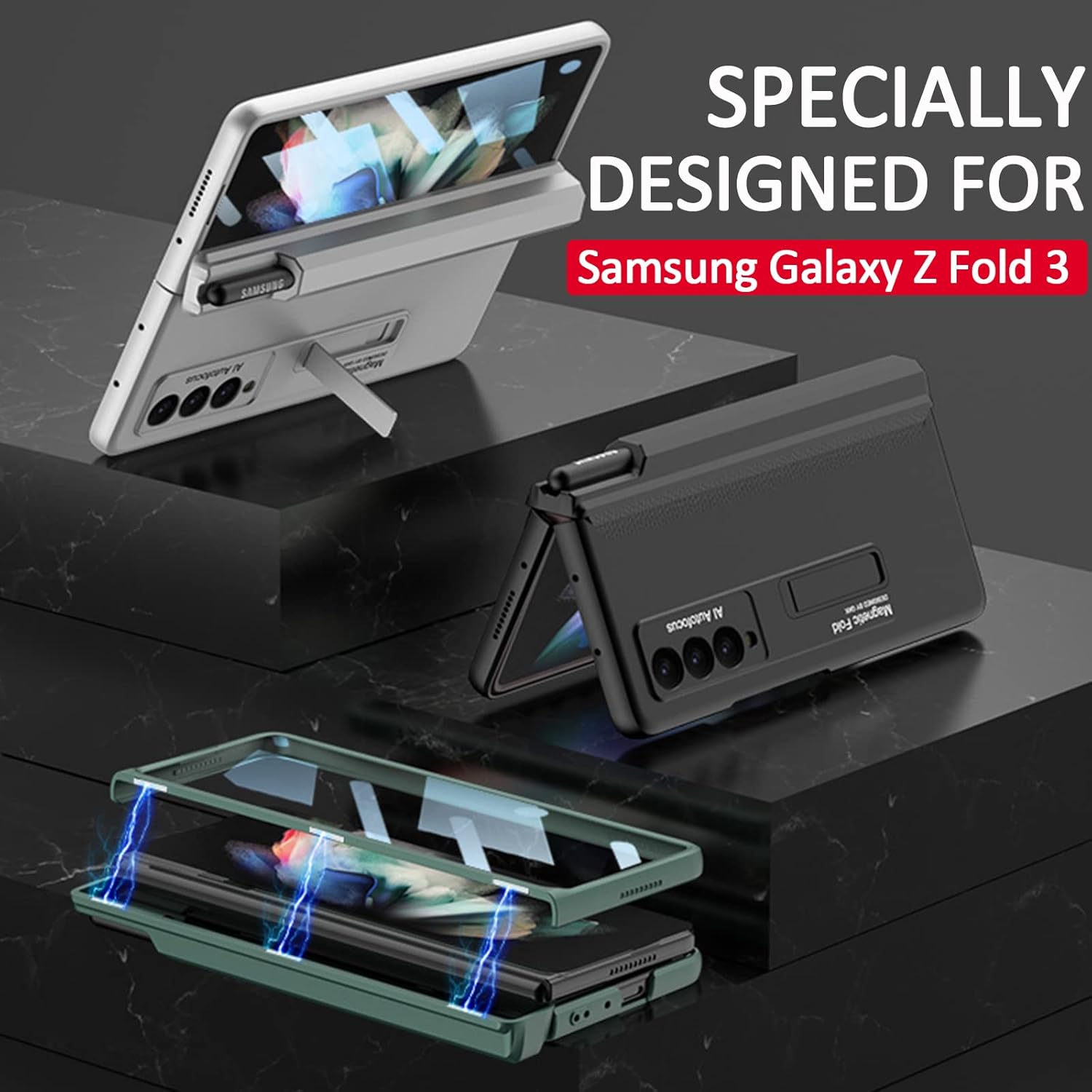 Miimall Funda compatible con Samsung Fold 3 con soporte para bolígrafo S, protector de pantalla integrado, protección magnética de bisagra, soporte