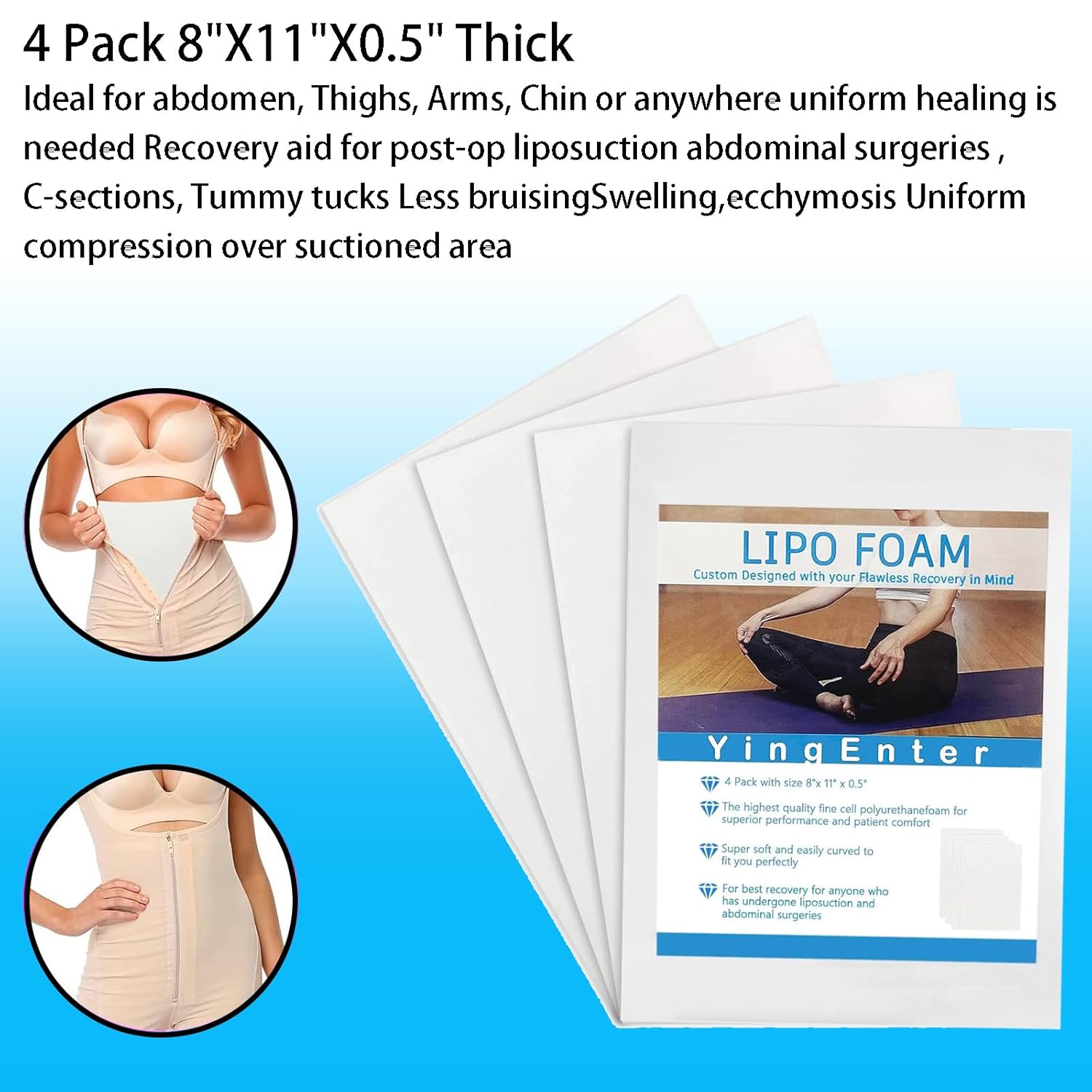 Paquete de 4 almohadillas de espuma Lipo para uso postoperatorio para uso con cirugía posliposucción, aplanamiento de compresión abdominal,