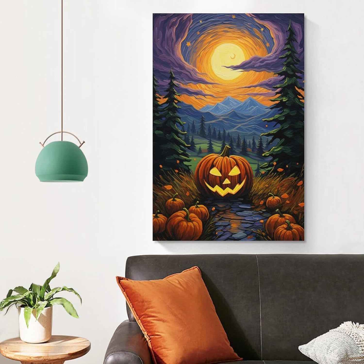 Póster de noche estrellada de Van Gogh con diseño de calabaza, lienzo divertido y estético, decoración de pared de bosque de fantasía, pósteres e