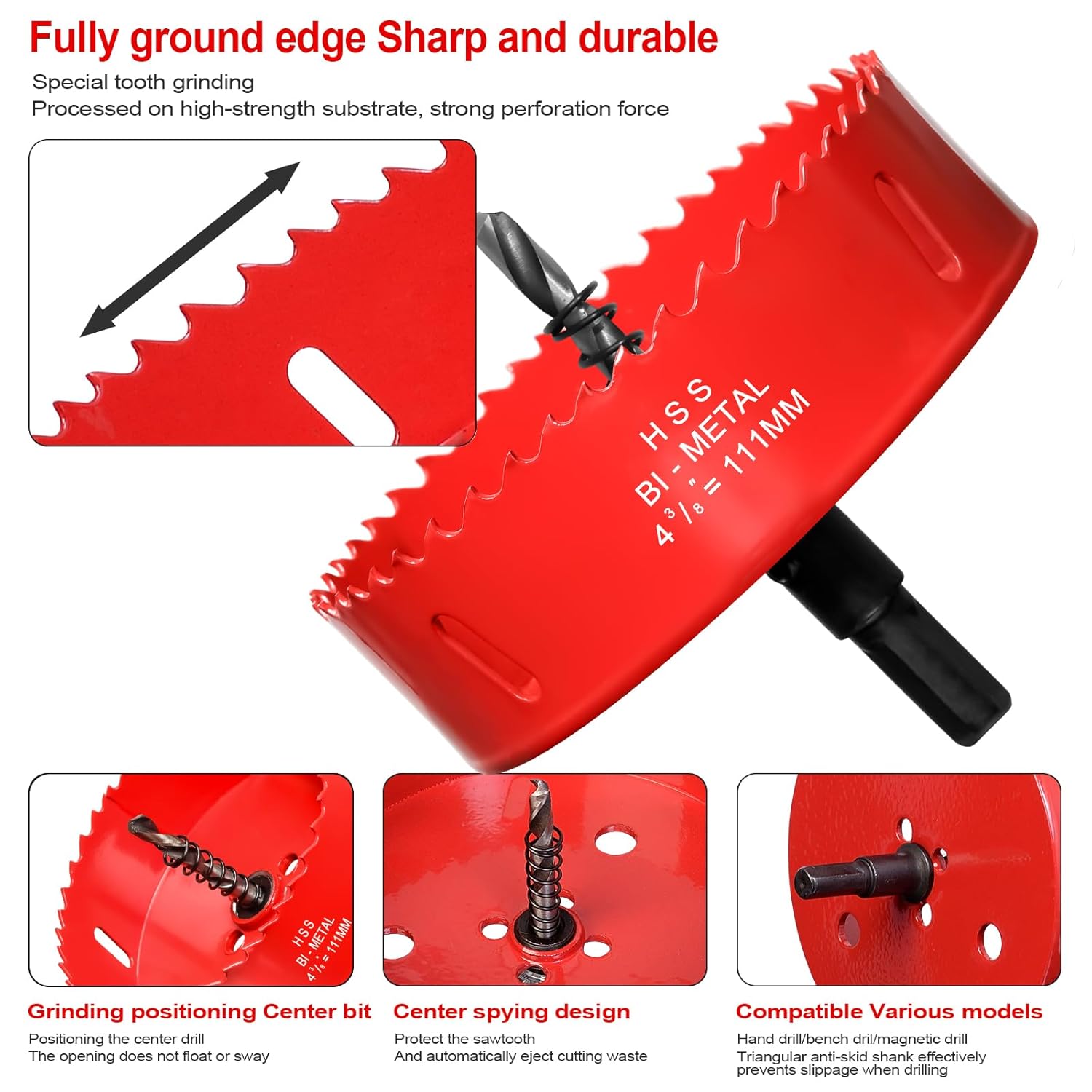 Sierra perforadora de 4 38″ (111 mm) para madera, cortador de agujeros bimetálico HSS con broca piloto para luces empotradas, tableros de PVC, fibra