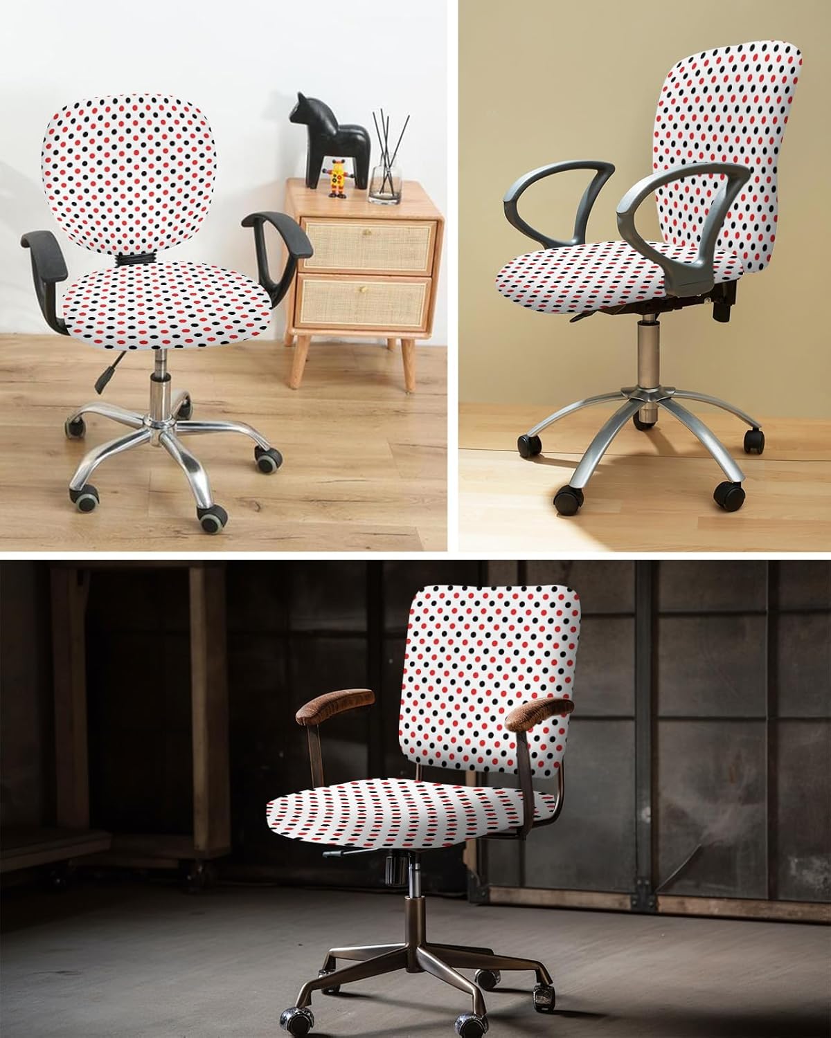 ALAGEO Funda para silla de oficina, diseño de lunares, patrón geométrico, rojo y negro, protector y elástico, universal giratorio, 2 piezas para