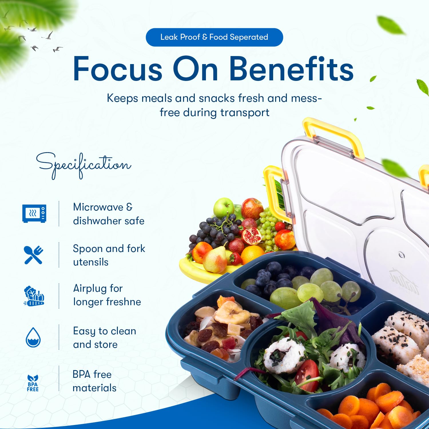 Tarlini – Caja Bento azul para adultos, contenedor de 5 compartimentos con separadores para comidas equilibradas, caja Bento japonesa segura para
